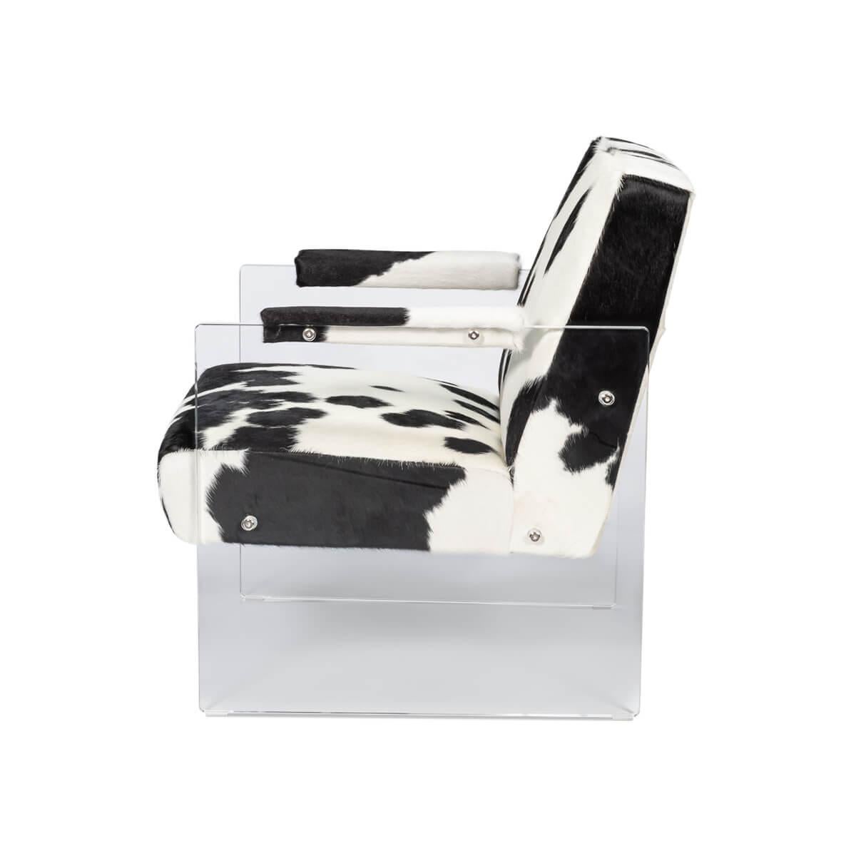 Mid-Century Modern Black and White Cowhide and Lucite Armchair For Sale