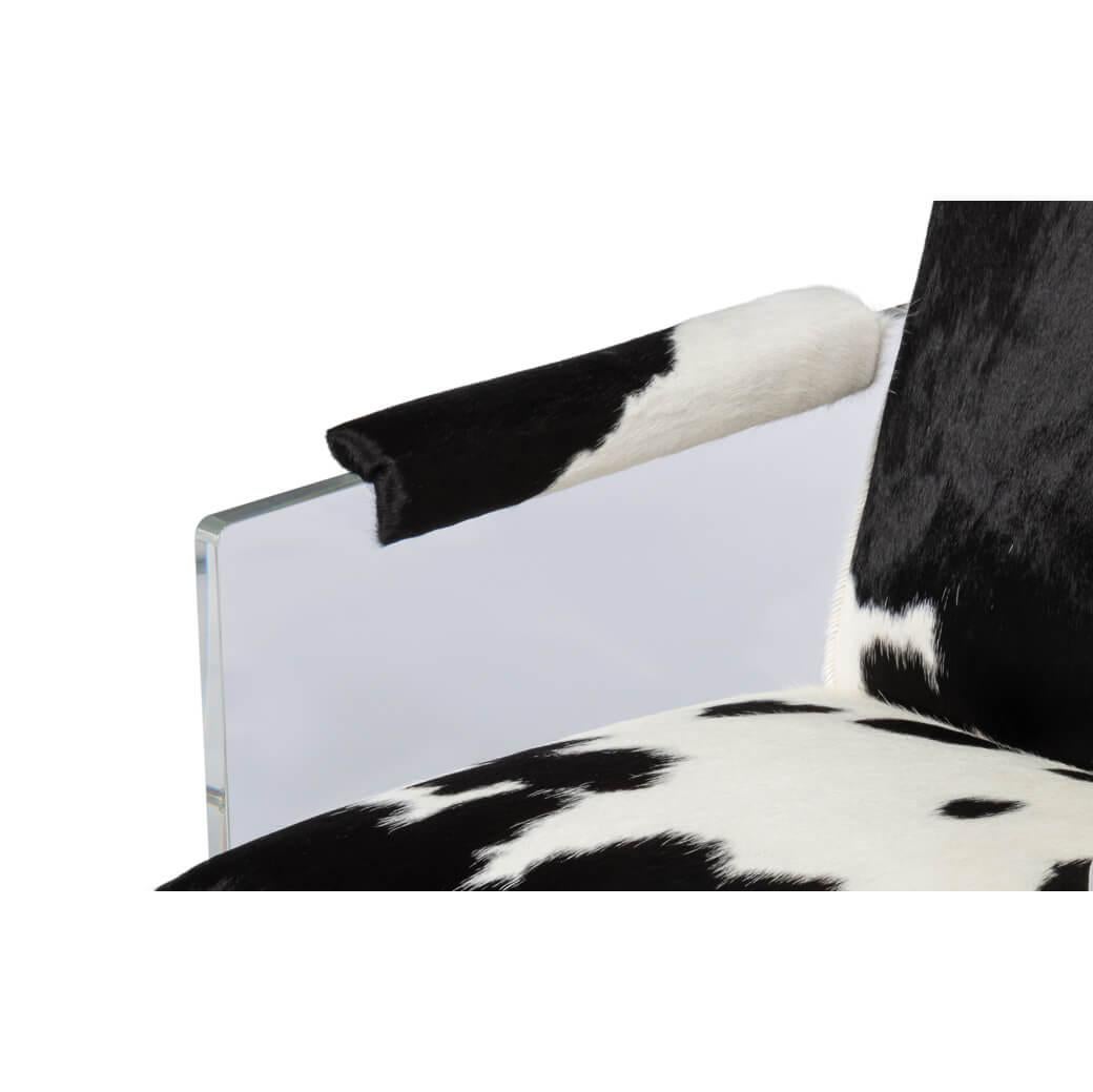 Contemporary Black and White Cowhide and Lucite Armchair For Sale