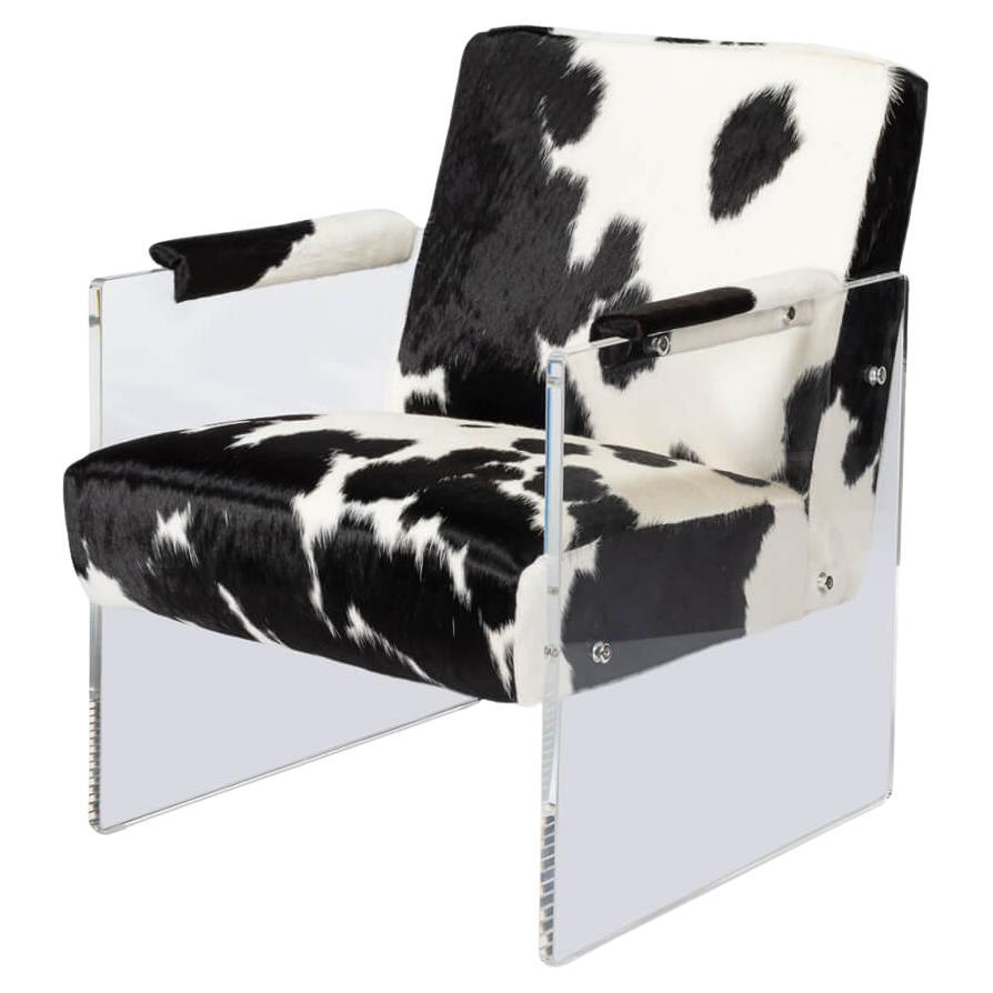 Armlehnstuhl aus schwarzem und weißem Rindsleder und Lucite