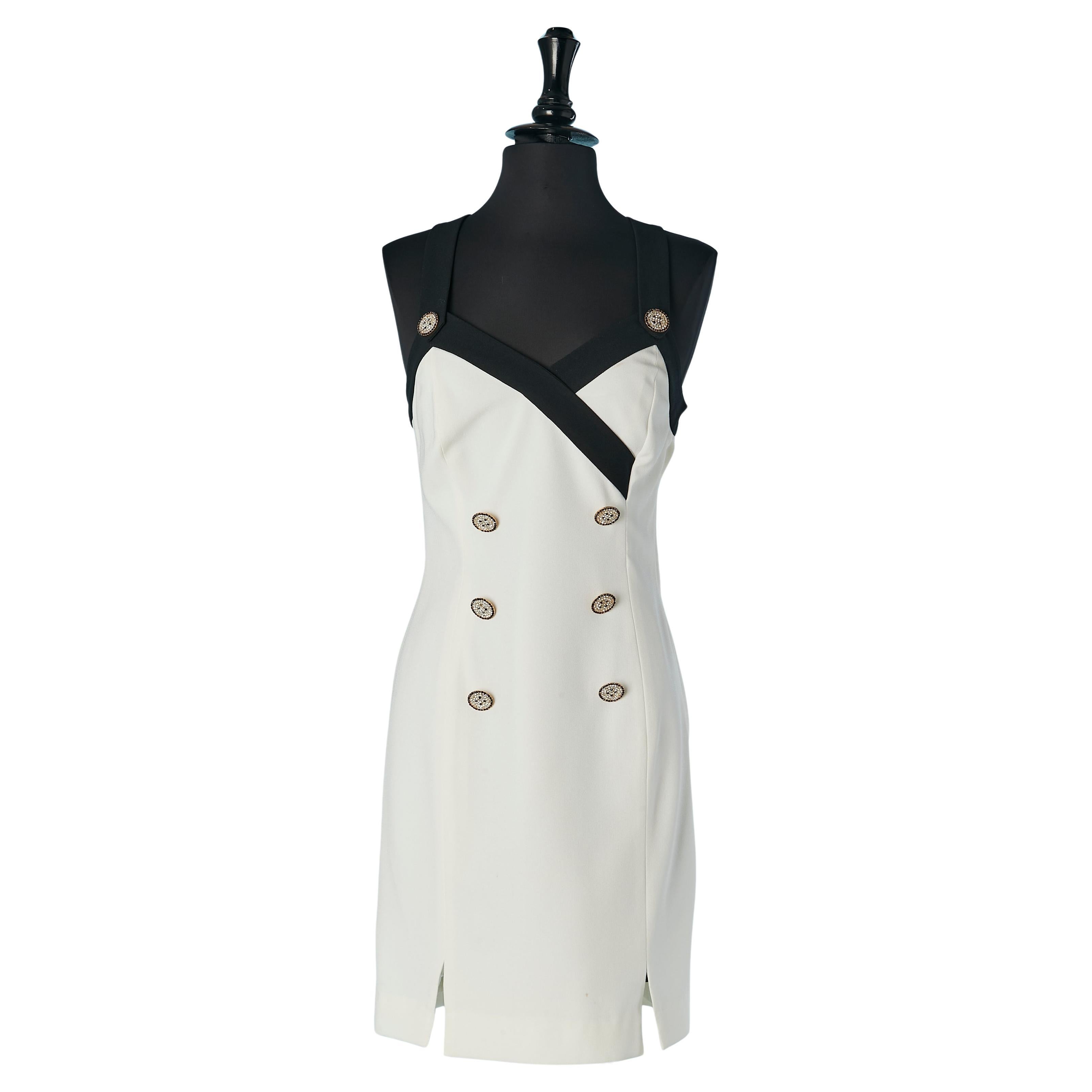 Schwarz-weißes Cocktailkleid aus Krepp mit Strassknopf