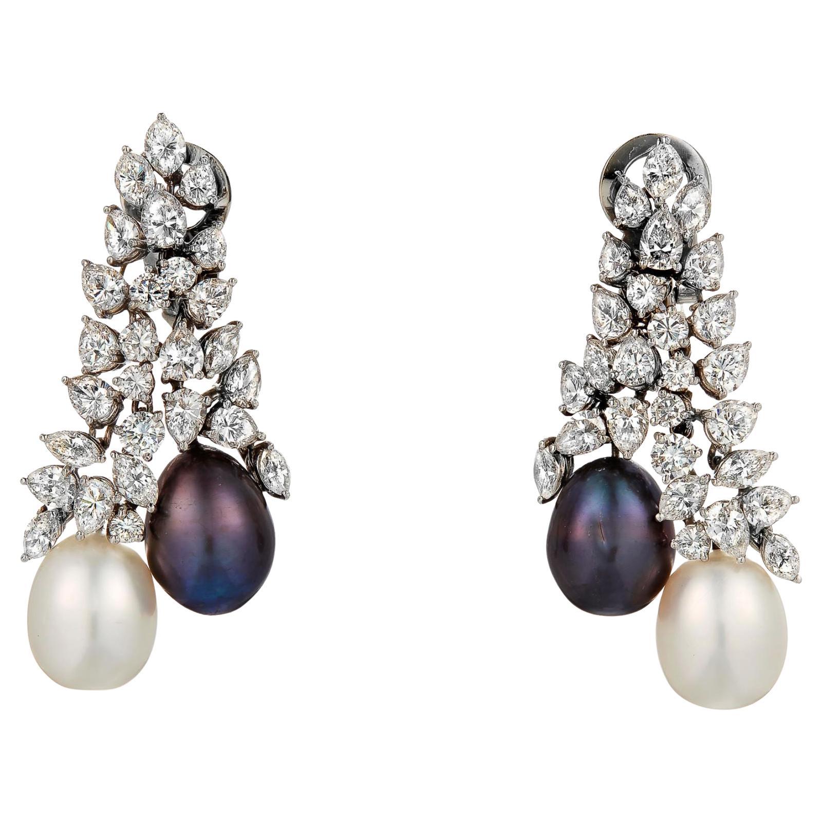 Iconic Black and White Cultured Pearl & Diamond Platinum Drop Dangle Earrings