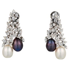 Iconic Black and White Cultured Pearl & Diamond Platinum Drop Dangle Earrings