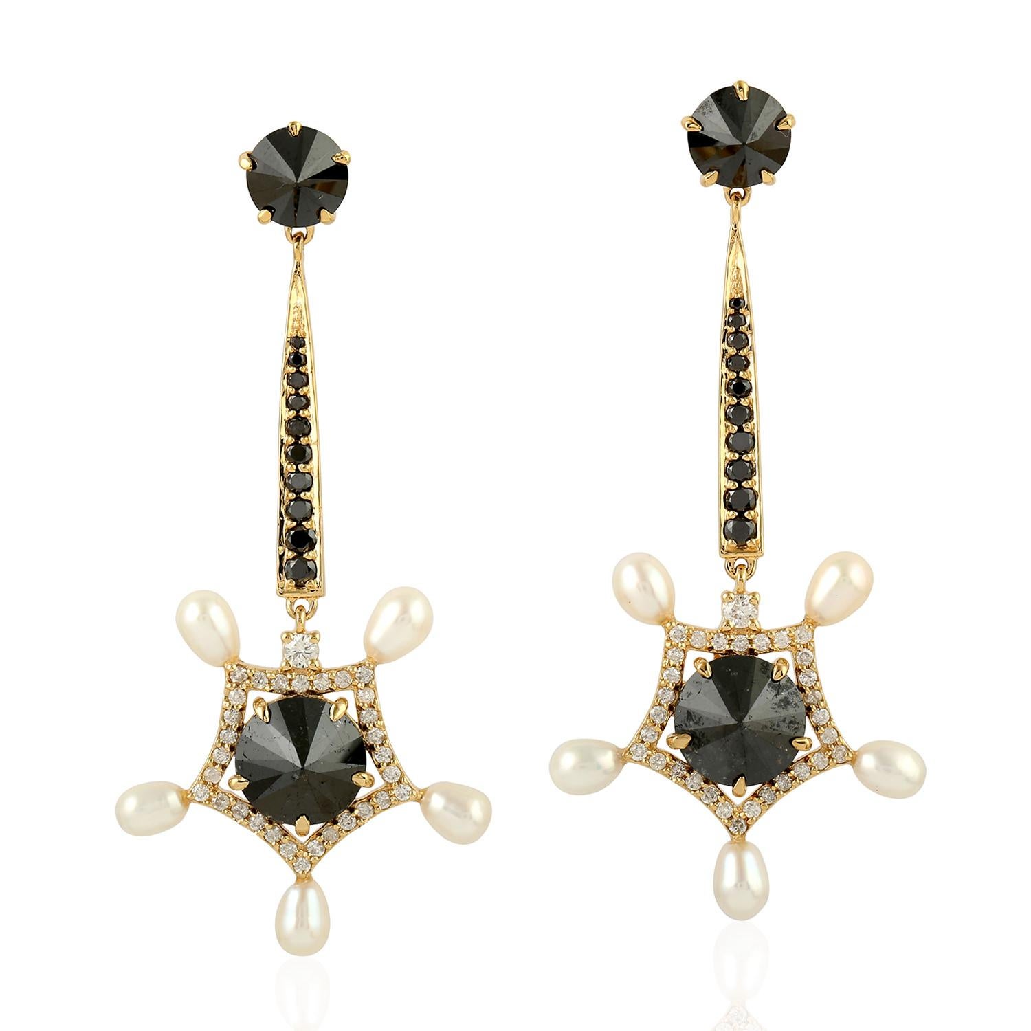 Modern Black and White Dangle Drop Earring Set in 18k Yellow Gold