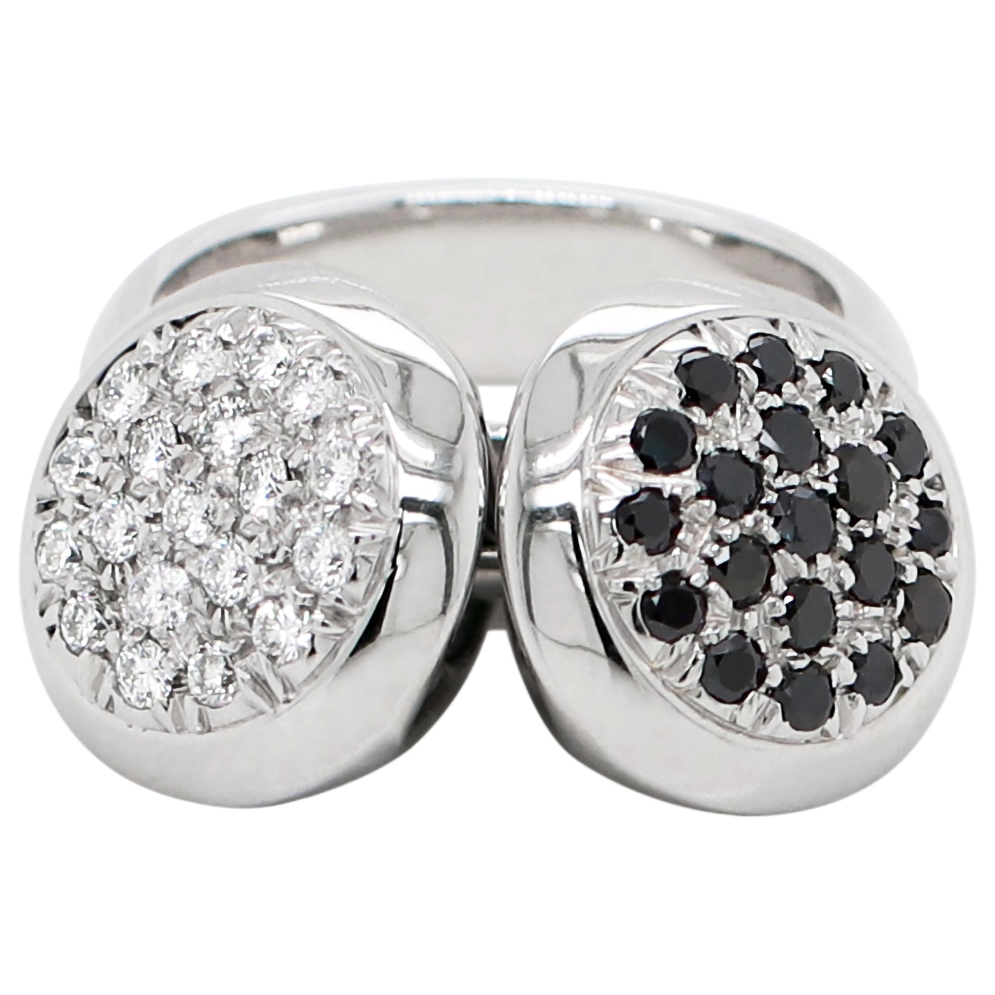 Black and White Diamond 18 Carat White Gold Dangling Charms Cocktail Ring For Sale