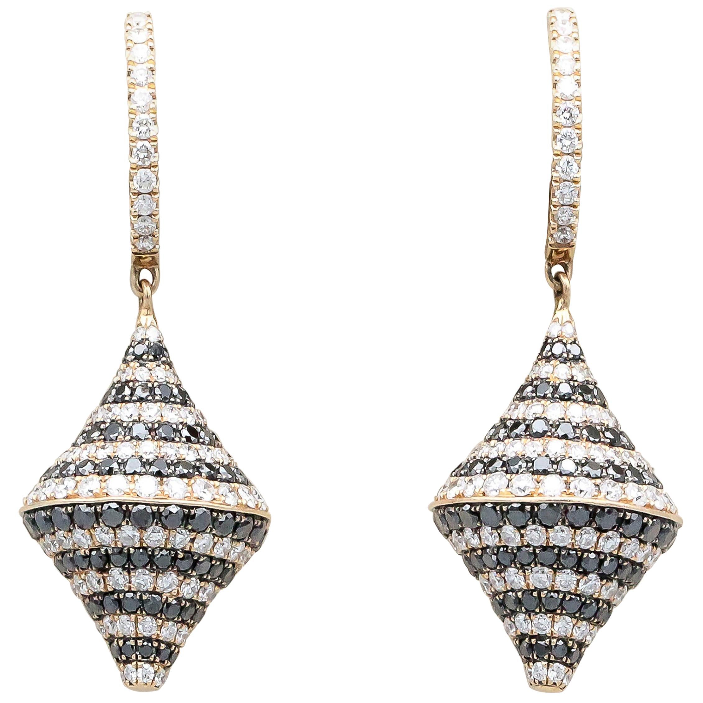 Black and White Diamond and 18 Karat Rose Gold Hanging Earrings