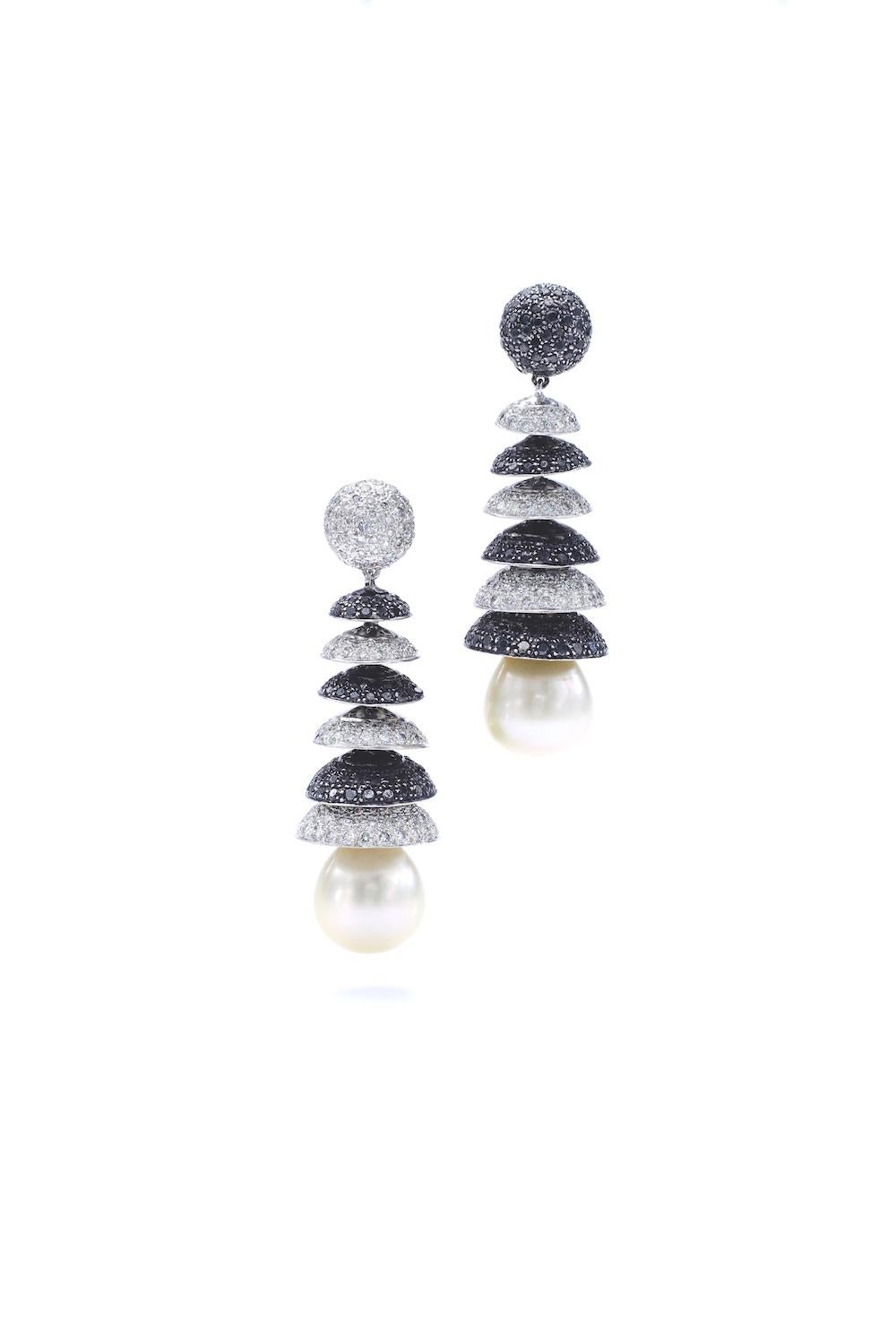 Contemporary Black and White Diamond and Pearl Ear Pendants