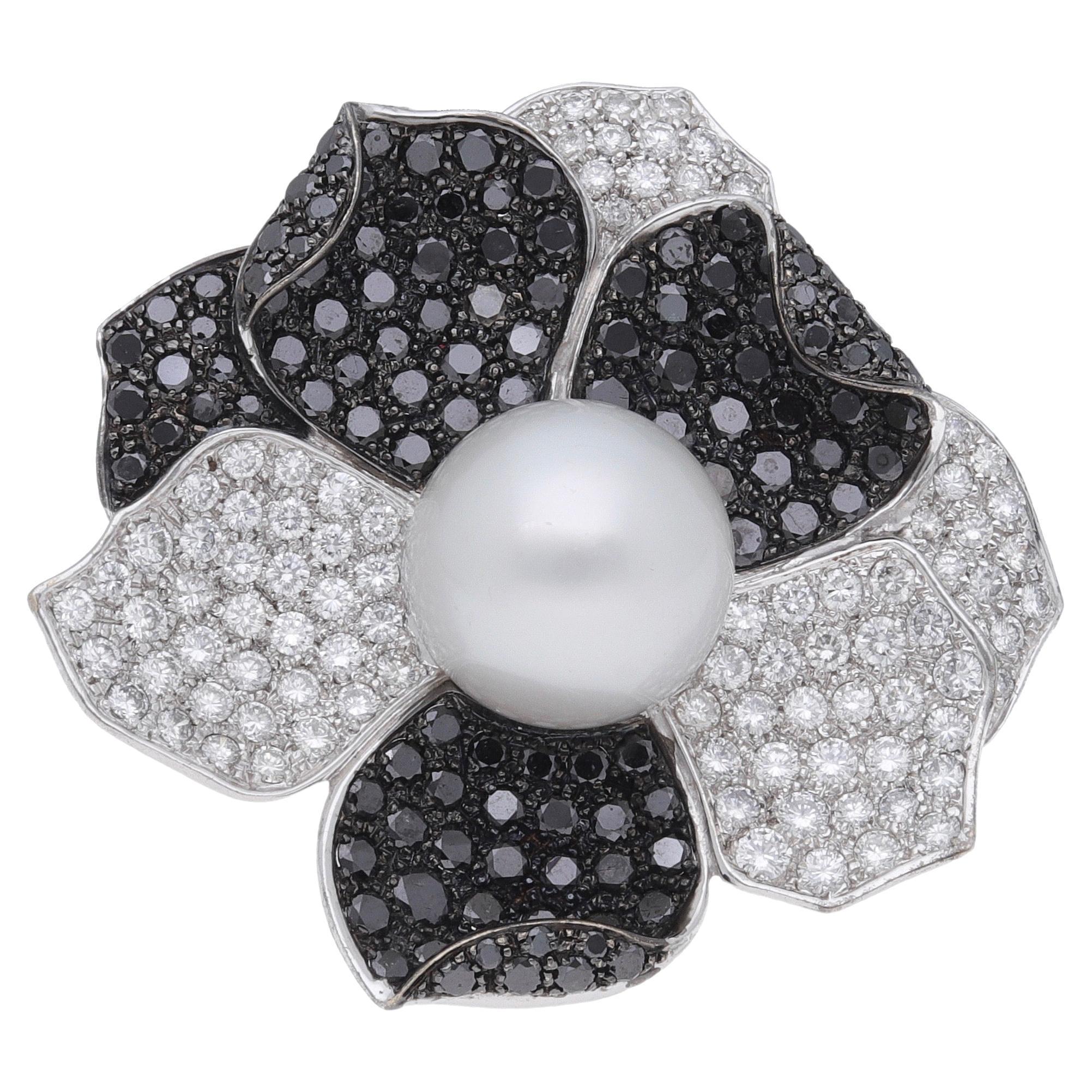 Black and White Diamond Australian Pearl 18 Kt. White Gold Cocktail Flower Ring For Sale