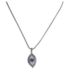 Black and White Diamond, Blue Sapphire Evil Eye Pendant Necklace