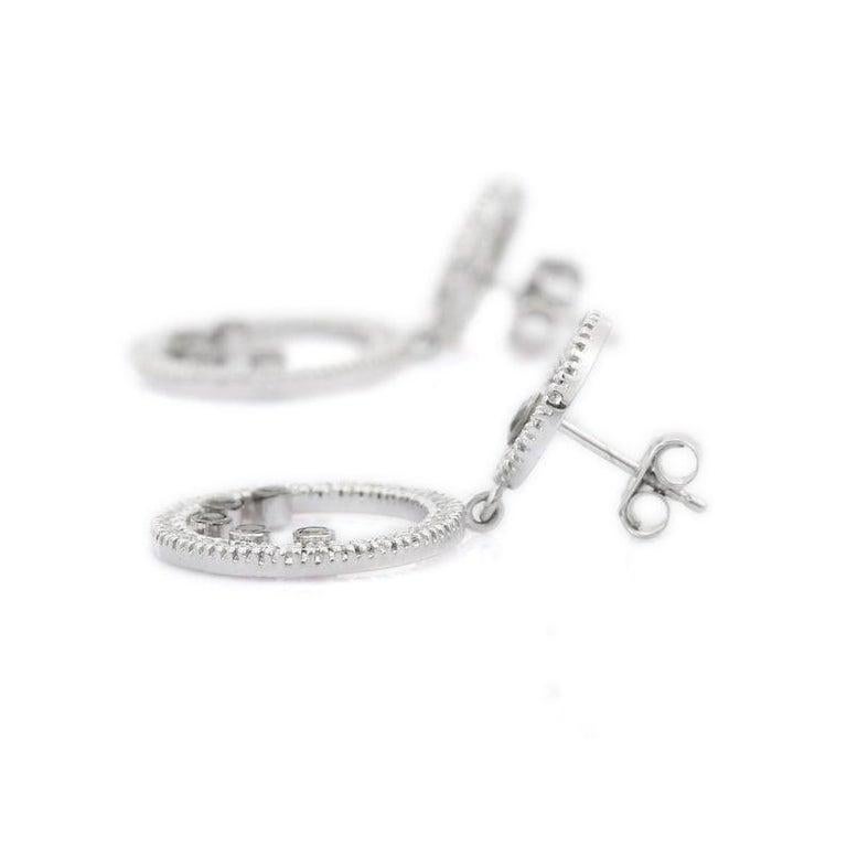Women's Black and White Diamond Circle Dangle Earrings in 18k White Gold For Sale