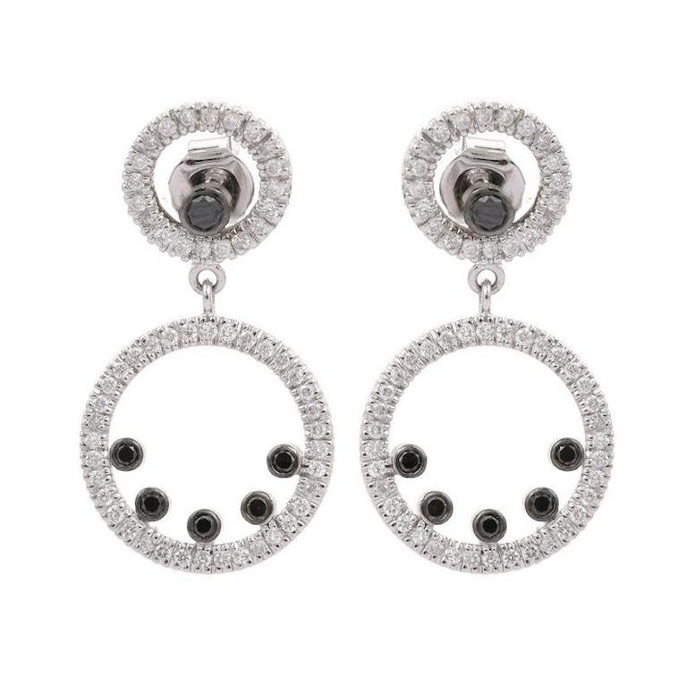 Black and White Diamond Circle Dangle Earrings in 18k White Gold For Sale 1