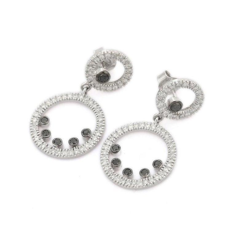 Black and White Diamond Circle Dangle Earrings in 18k White Gold For Sale 2
