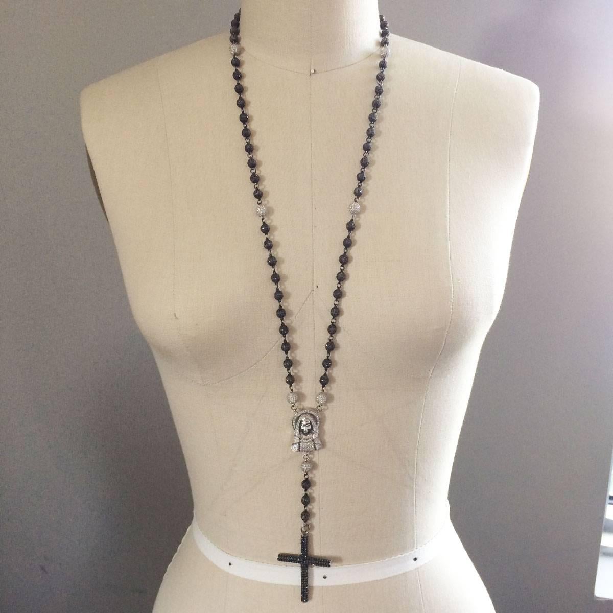 Round Cut Black and White Diamond Cross Rosary Necklace