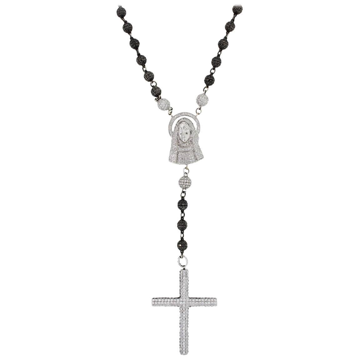 Black and White Diamond Cross Rosary Necklace