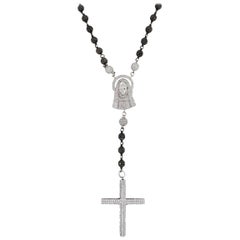 Black and White Diamond Cross Rosary Necklace