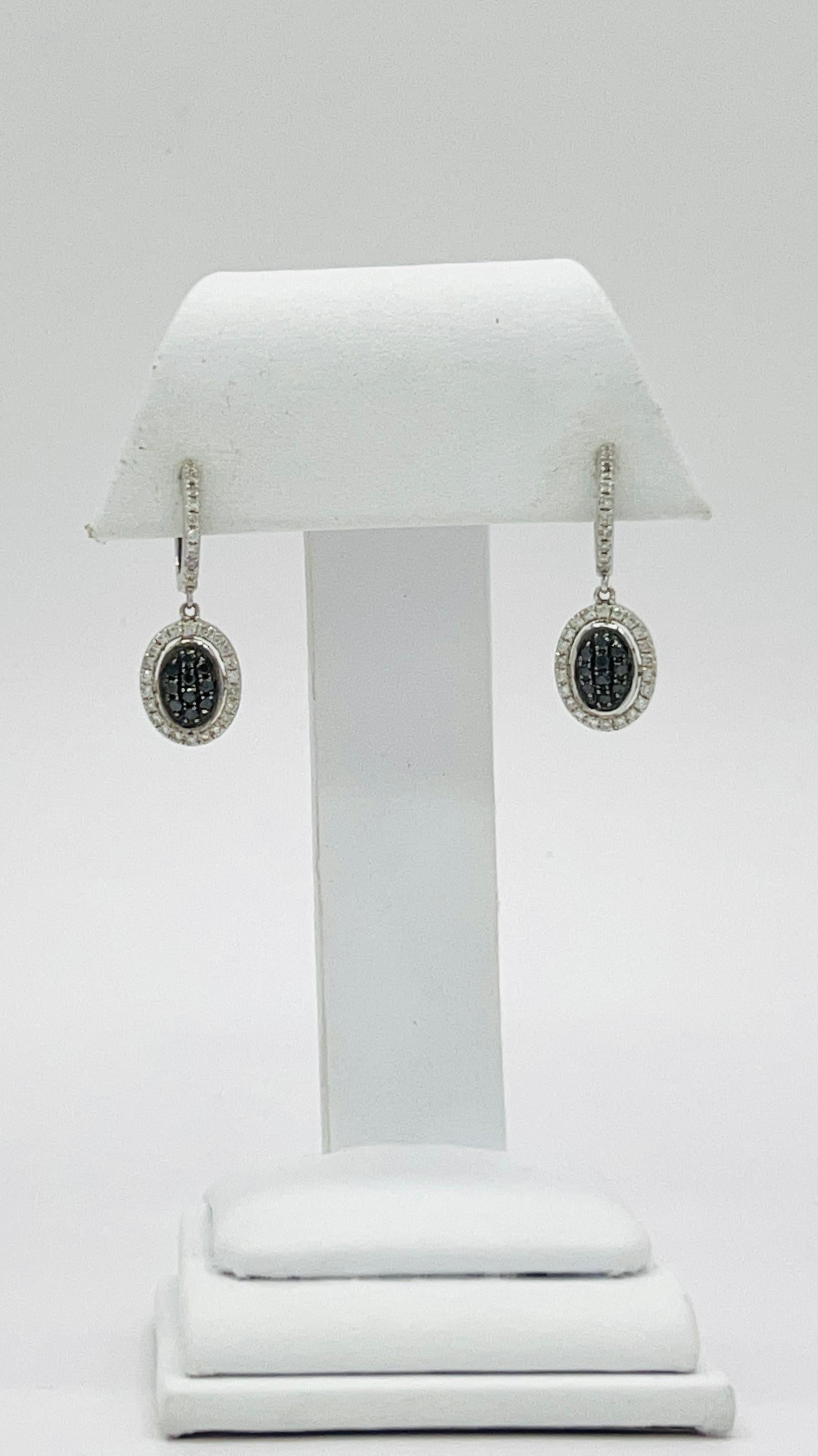 Women's or Men's Black and White Diamond Dangle Earrings in 14K White Gold For Sale