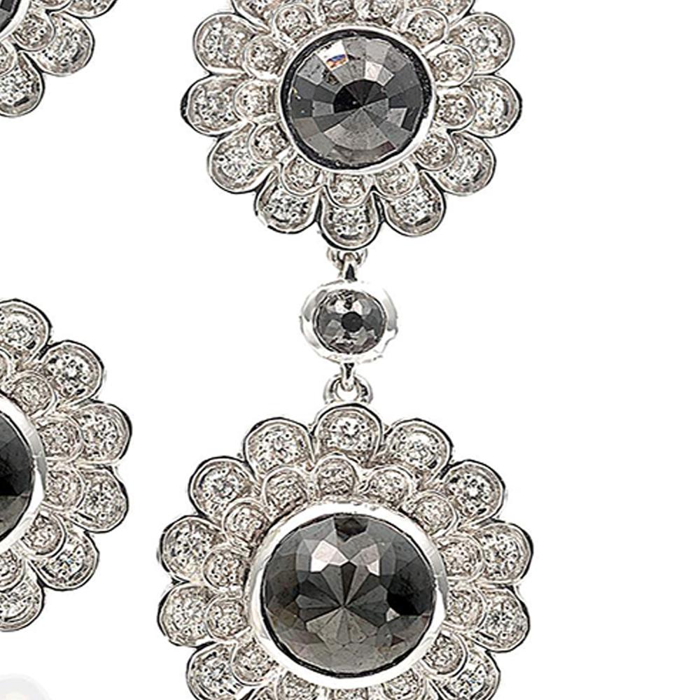 Modern Black and White Diamond Deco Flower Drop Earrings with 20K White Gold For Sale
