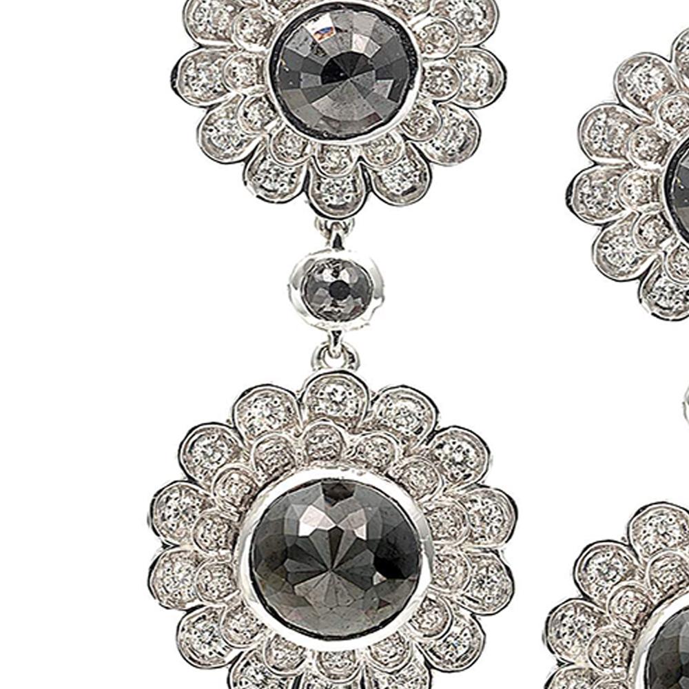 Round Cut Black and White Diamond Deco Flower Drop Earrings with 20K White Gold For Sale