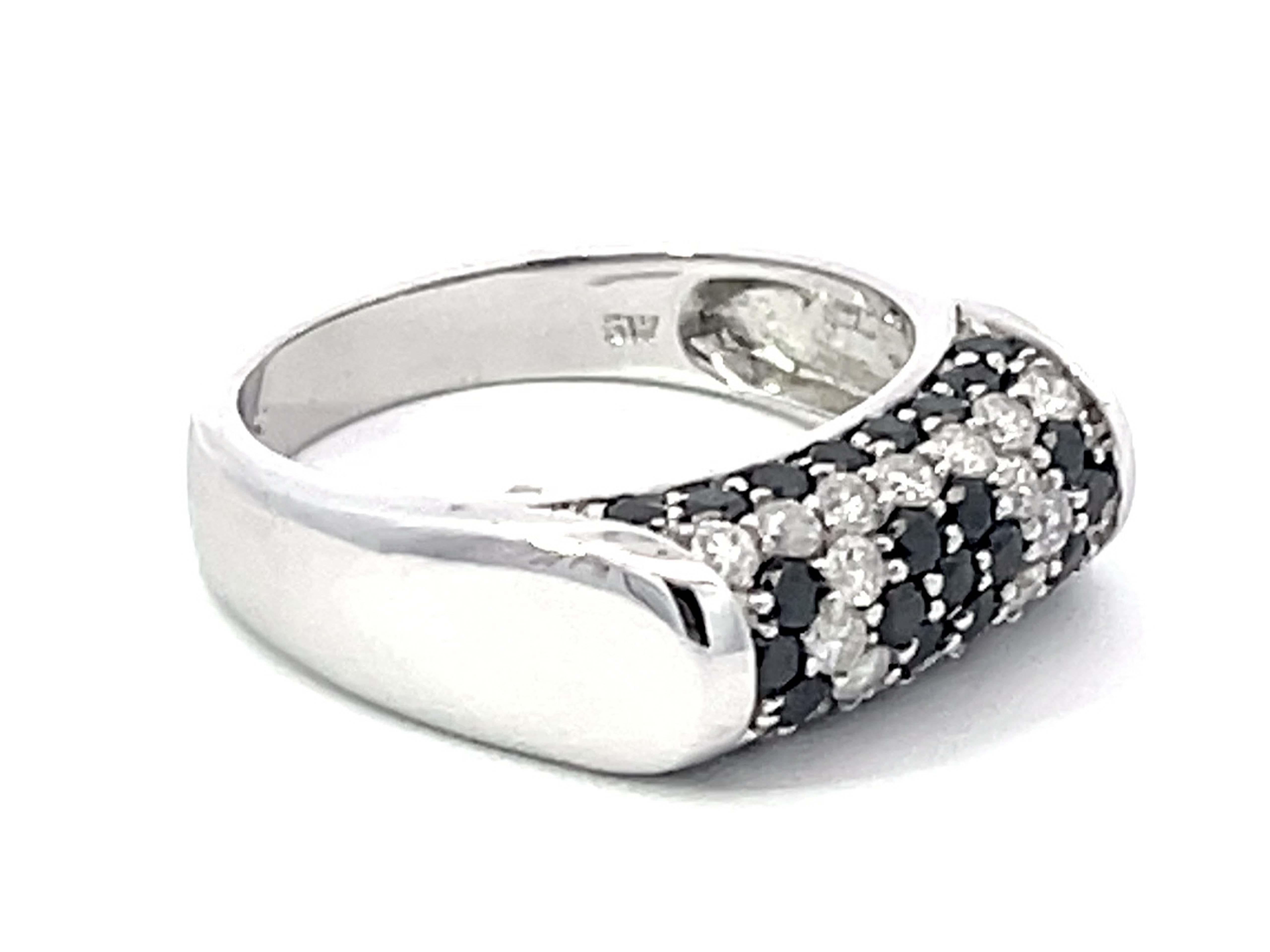 Modern Black and White Diamond Dome Ring in 18k White Gold For Sale