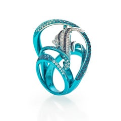 Black and White Diamond Fish Ring in Blue E-Coated 18 Karat White Gold