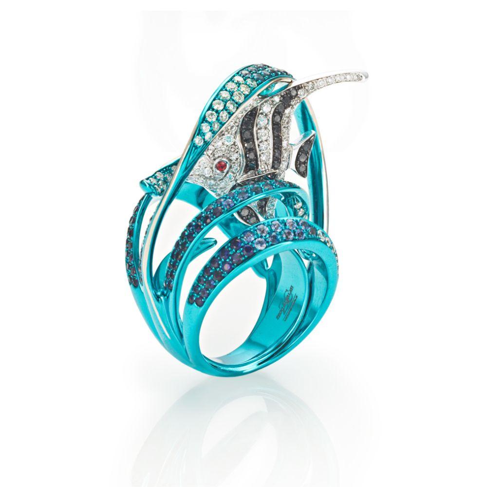 Artisan Black and White Diamond Fish Ring in Blue E-Coated 18 Karat White Gold For Sale