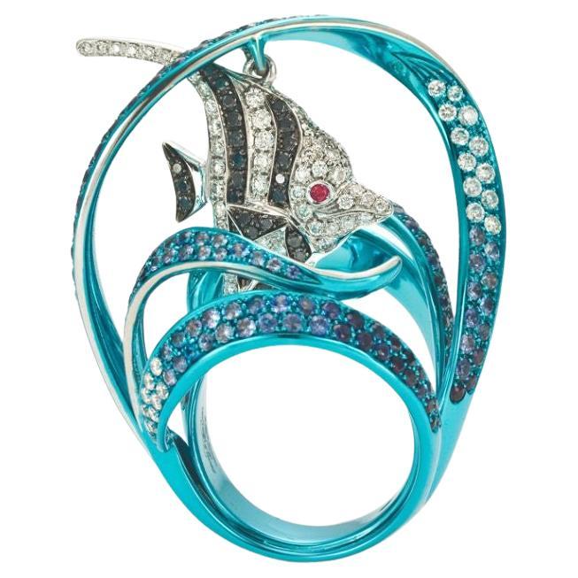 Black and White Diamond Fish Ring in Blue E-Coated 18 Karat White Gold For Sale