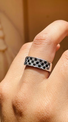 Art Deco Black & White 1.55CT Diamond Checkered Band Ring in 18 Karat White Gold
