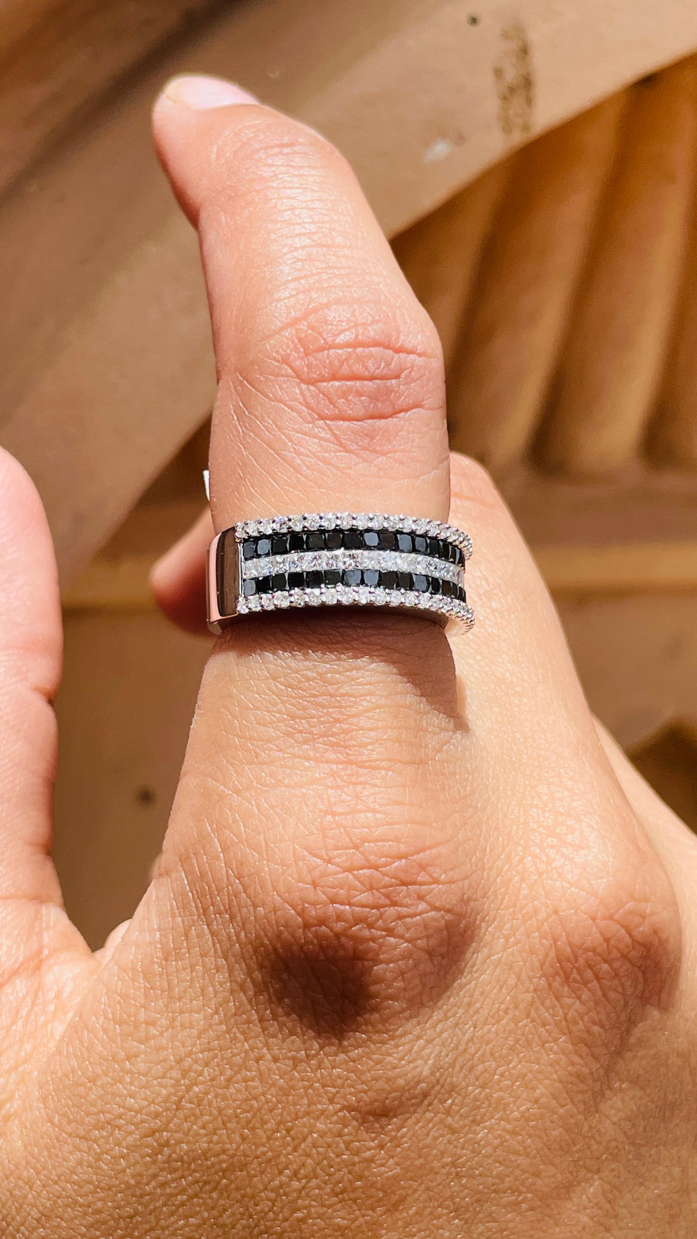 For Sale:  Half Eternity Black White Diamond Band Ring in 18k Solid White Gold  10