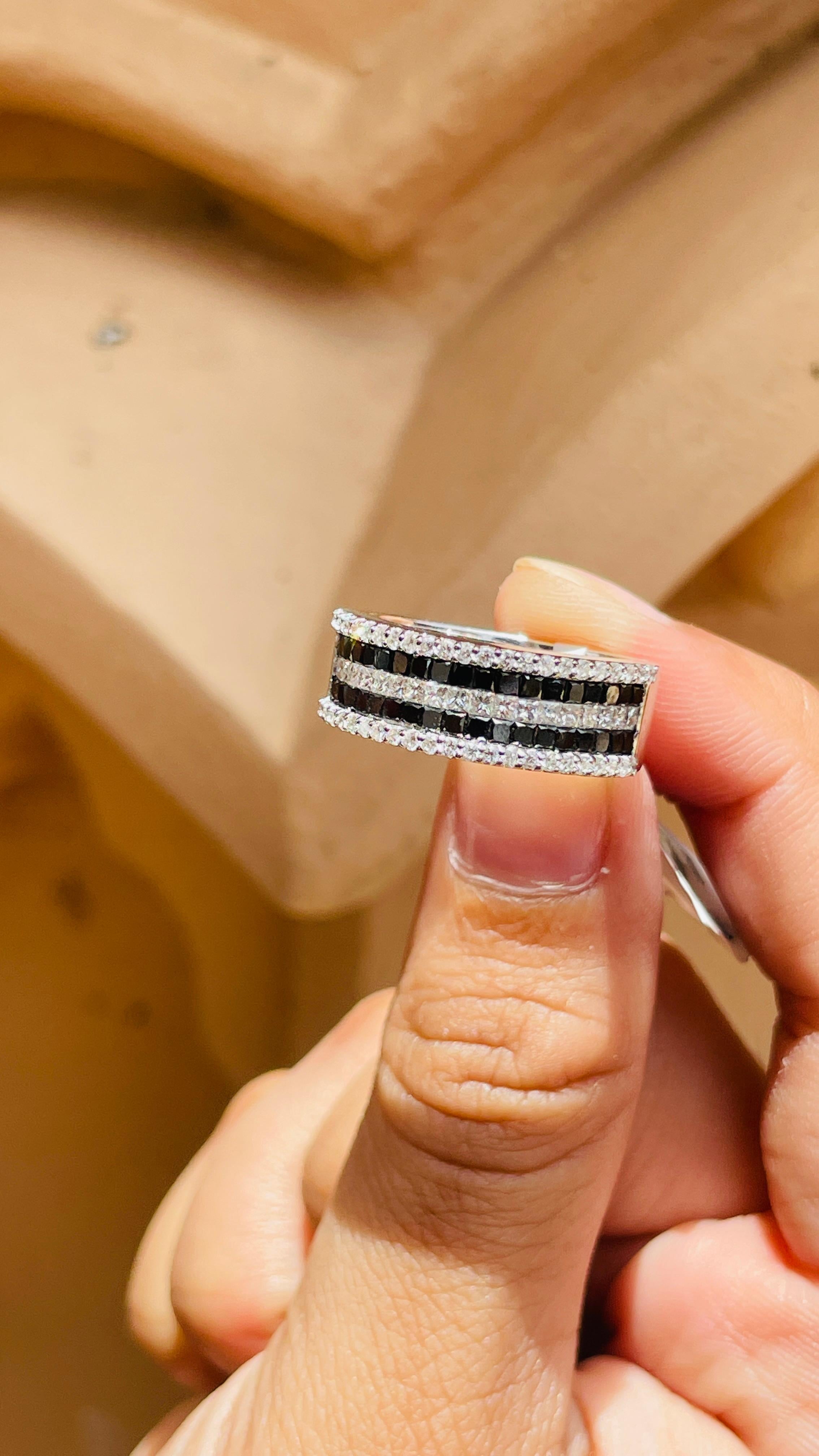 For Sale:  Half Eternity Black White Diamond Band Ring in 18k Solid White Gold  11