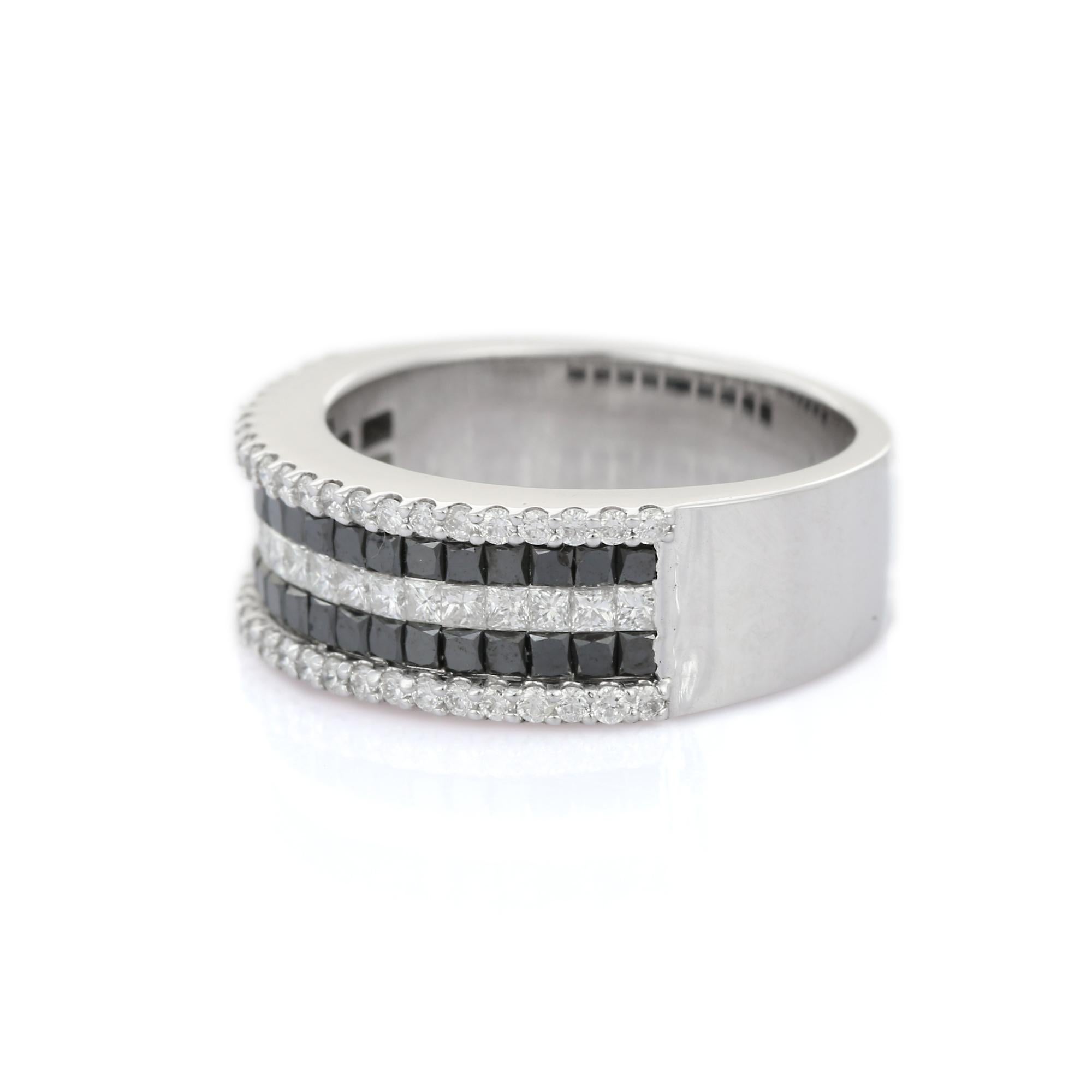 For Sale:  Half Eternity Black White Diamond Band Ring in 18k Solid White Gold  3
