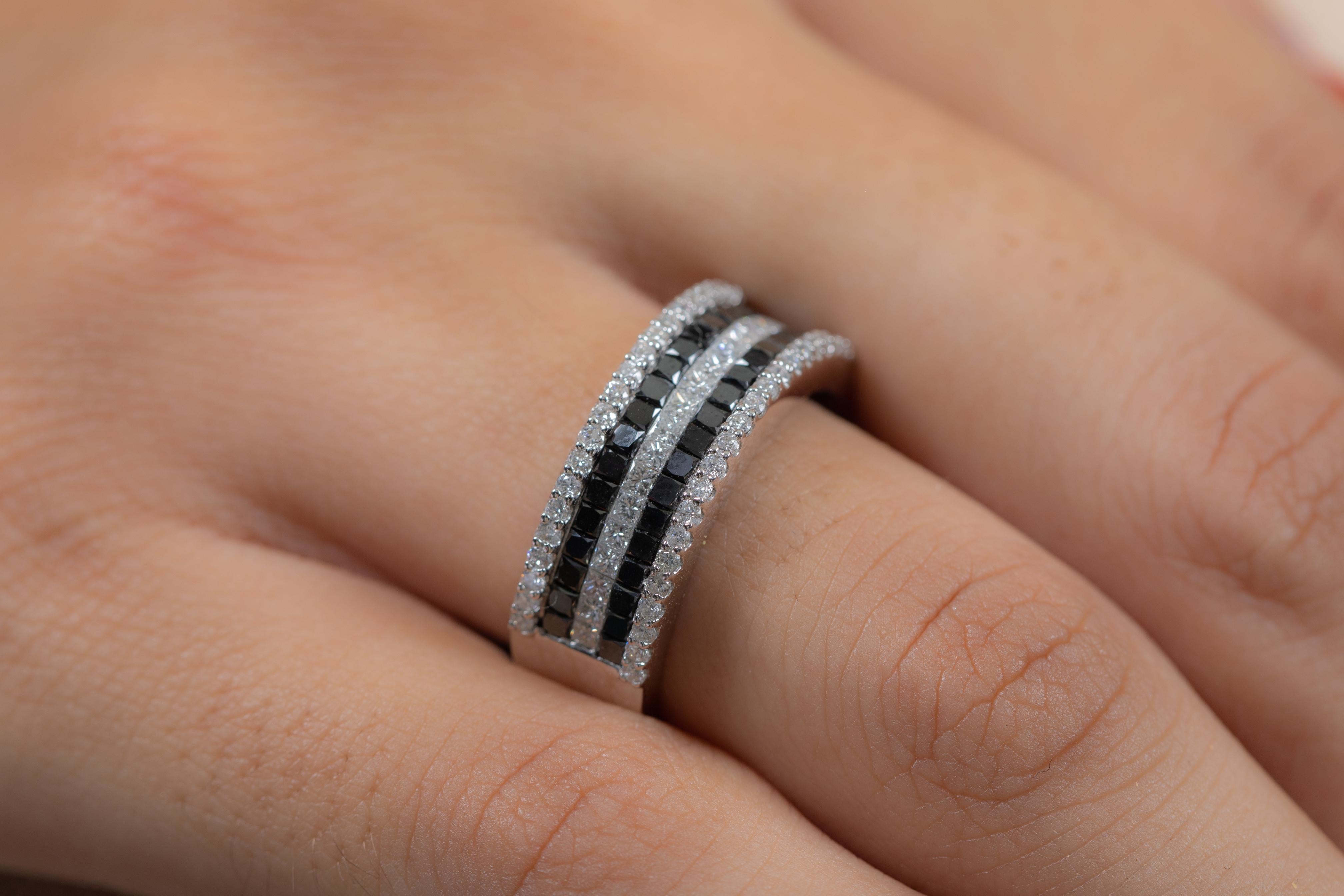 For Sale:  Half Eternity Black White Diamond Band Ring in 18k Solid White Gold  2