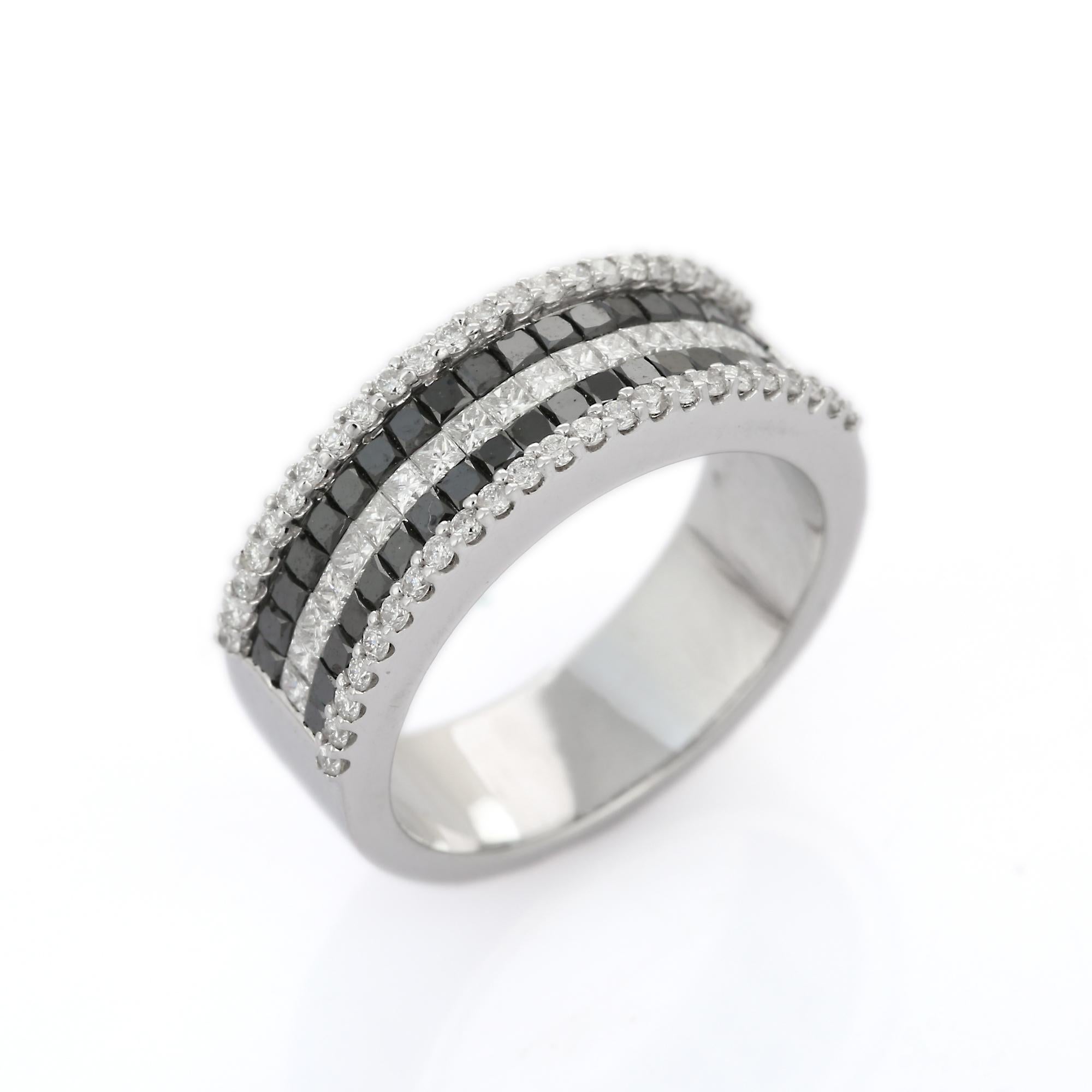 For Sale:  Half Eternity Black White Diamond Band Ring in 18k Solid White Gold  7