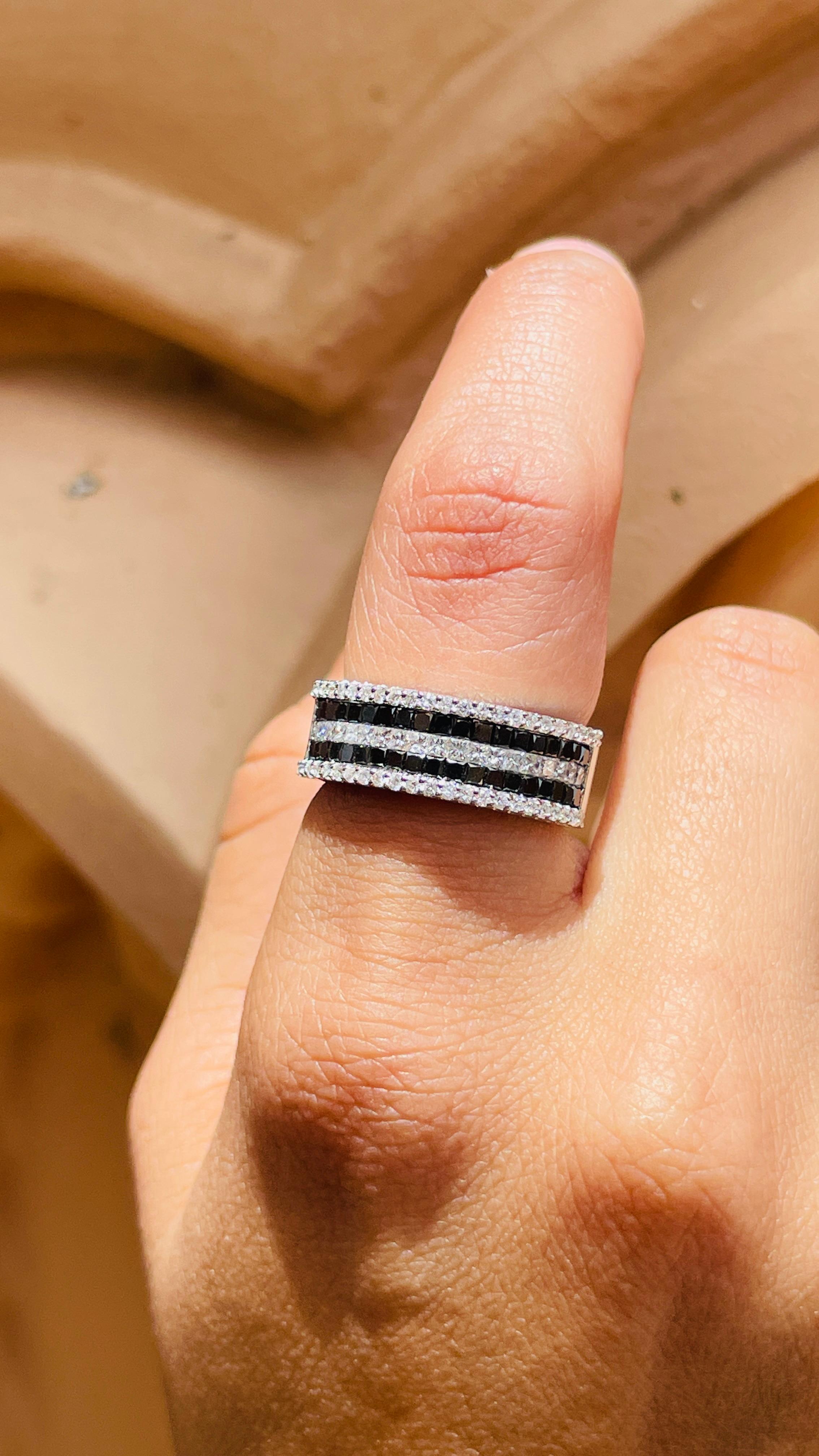 For Sale:  Half Eternity Black White Diamond Band Ring in 18k Solid White Gold  8
