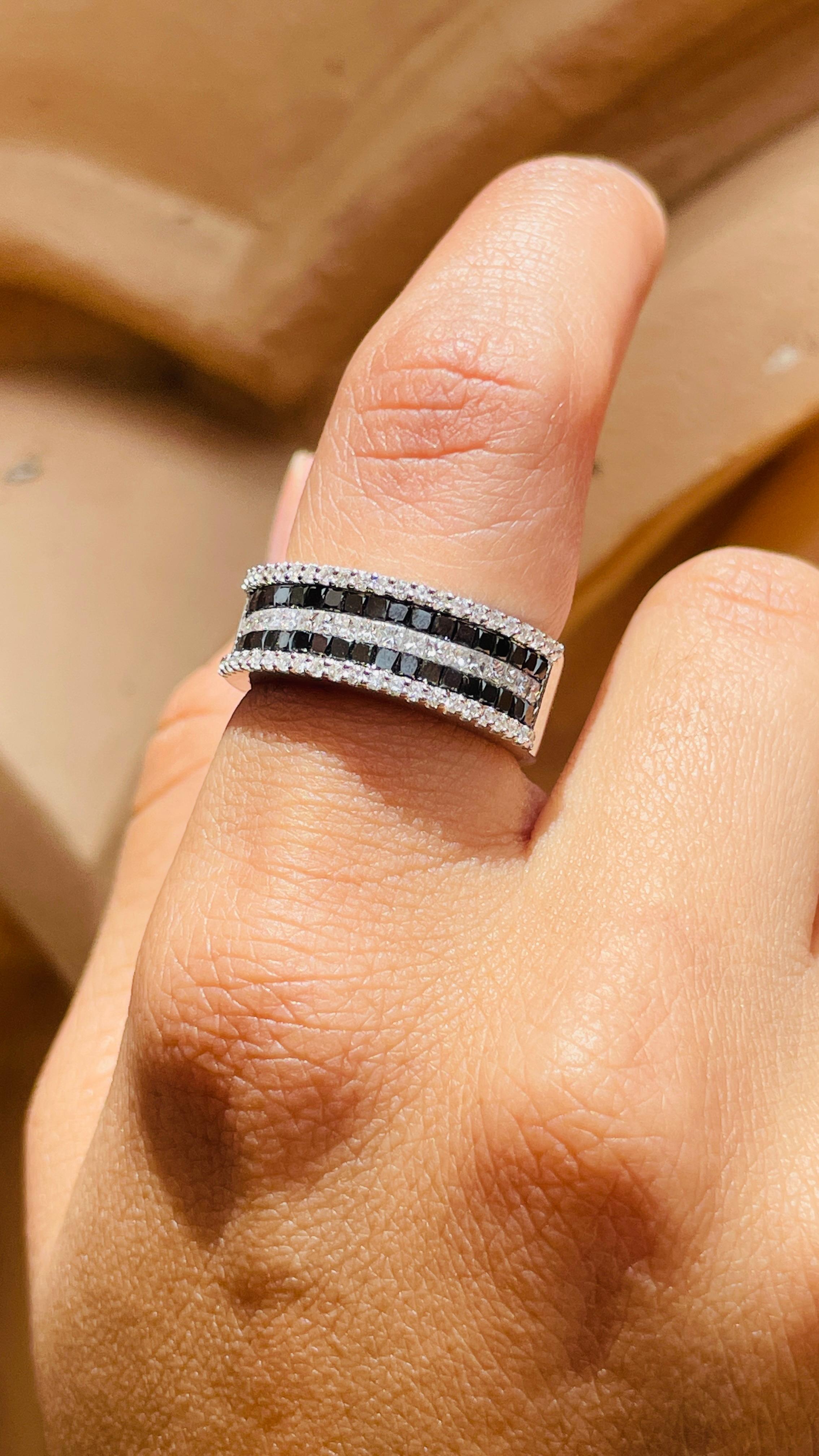 For Sale:  Half Eternity Black White Diamond Band Ring in 18k Solid White Gold  9