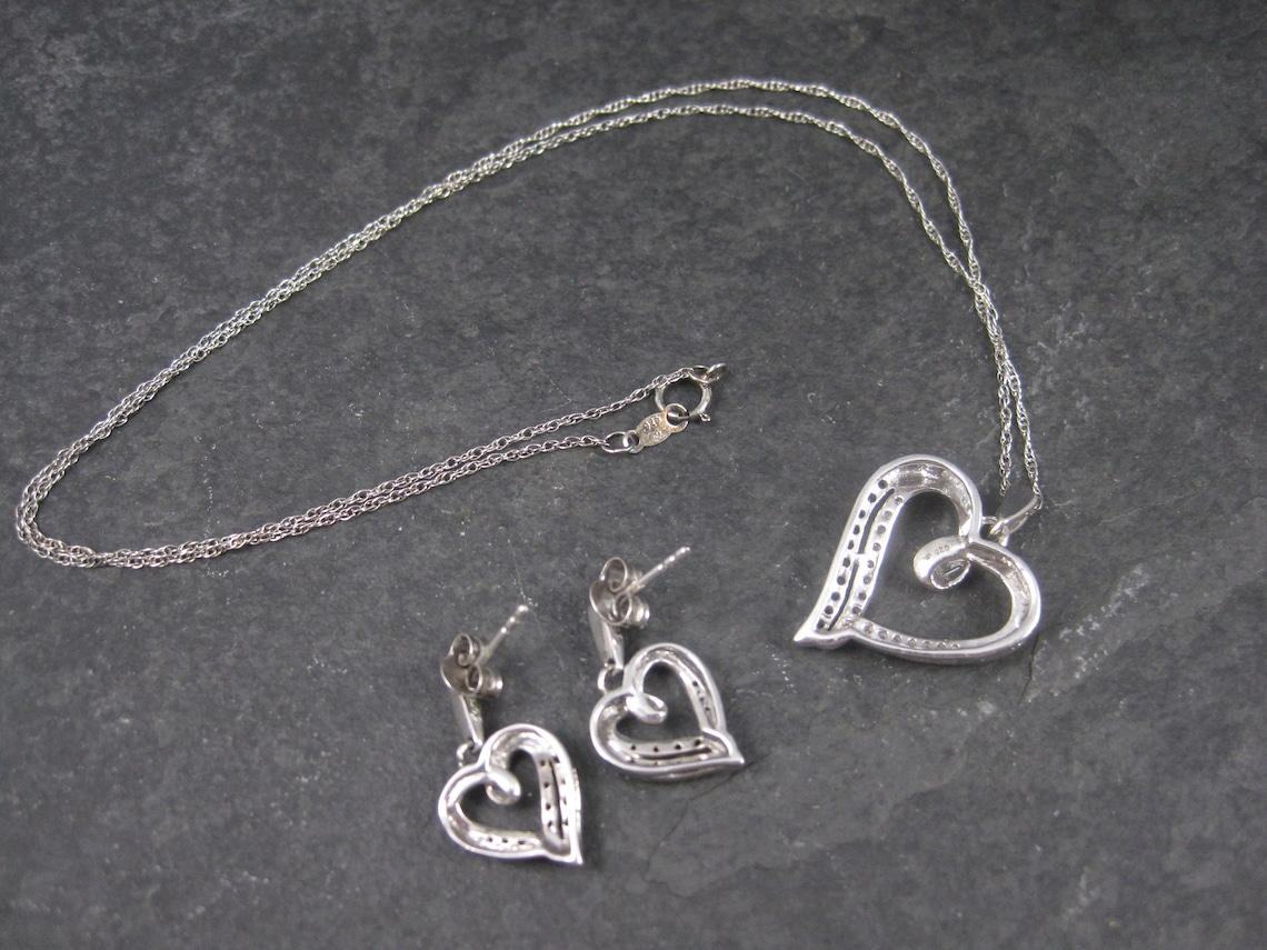 Black and White Diamond Heart Pendant Necklace and Earrings Jewelry Set Sterling For Sale 2
