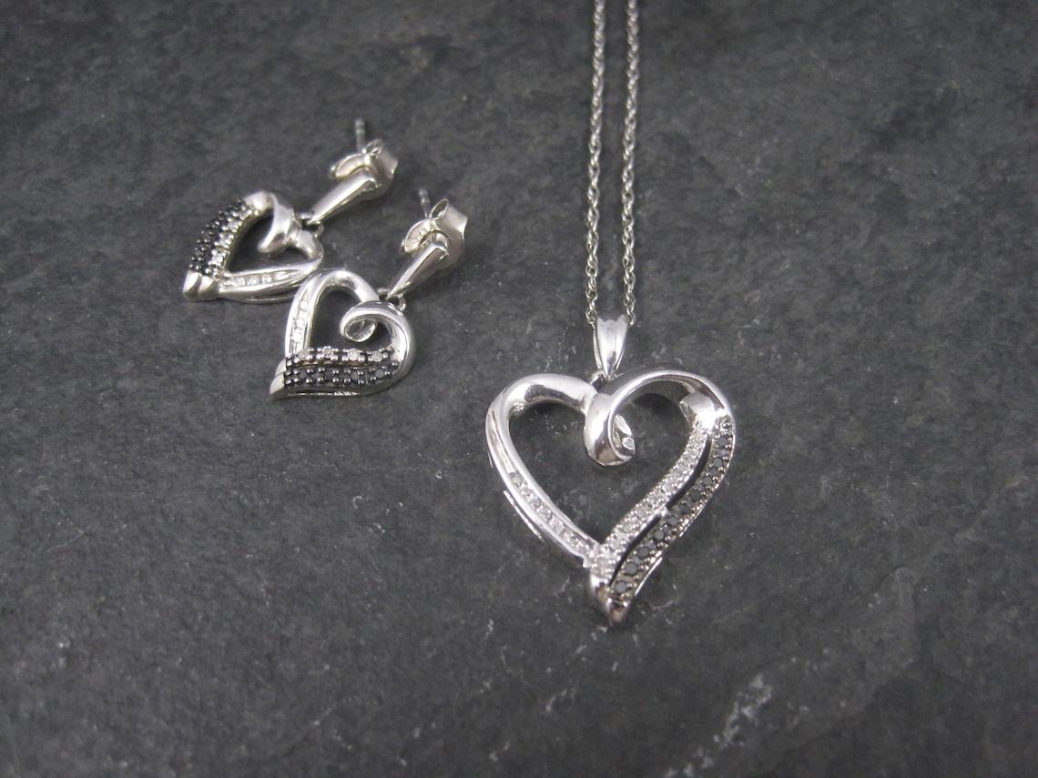 Black and White Diamond Heart Pendant Necklace and Earrings Jewelry Set Sterling For Sale 3