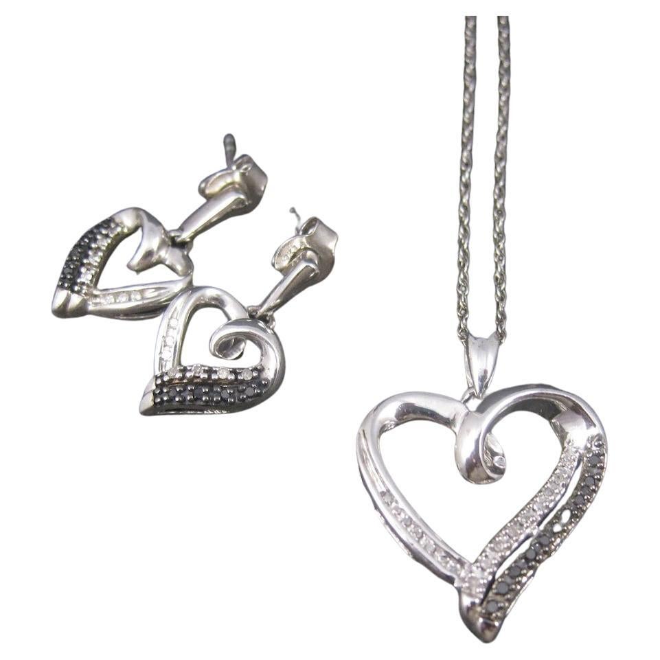 Black and White Diamond Heart Pendant Necklace and Earrings Jewelry Set Sterling For Sale