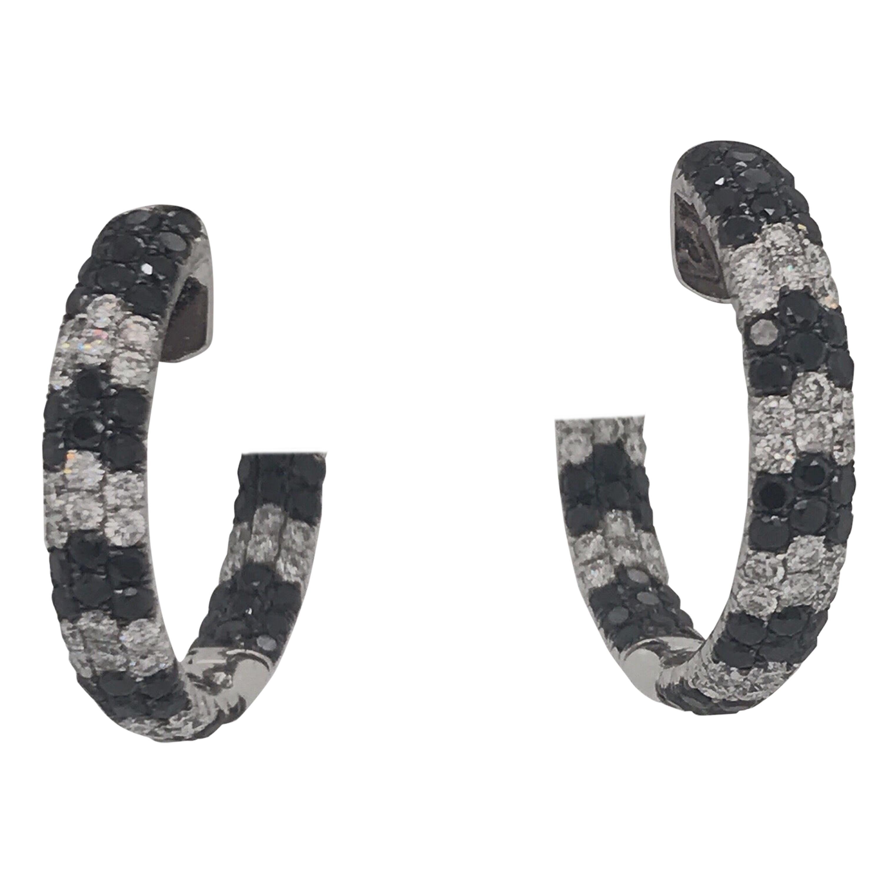 Black and White Diamond Hoop Earrings 4.30 Carat 18 Karat White Gold For Sale
