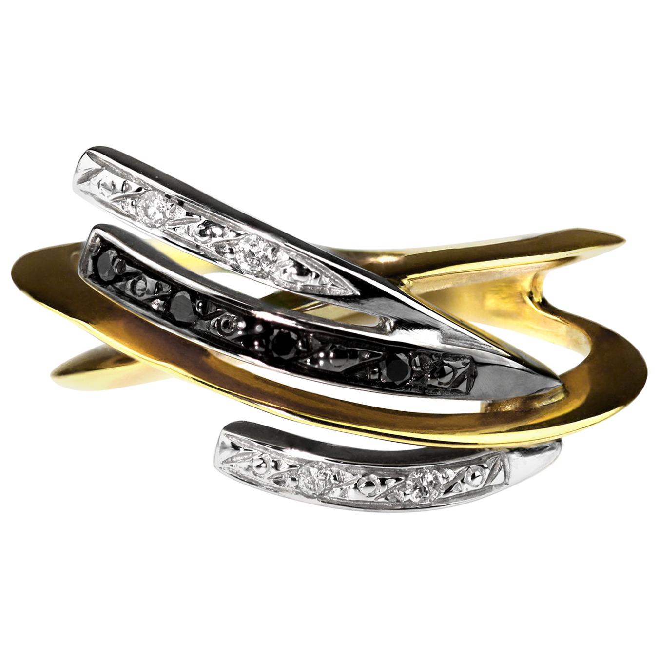 Black and White Diamond Knife Edge Twist Ring in 18K White and Yellow Gold For Sale
