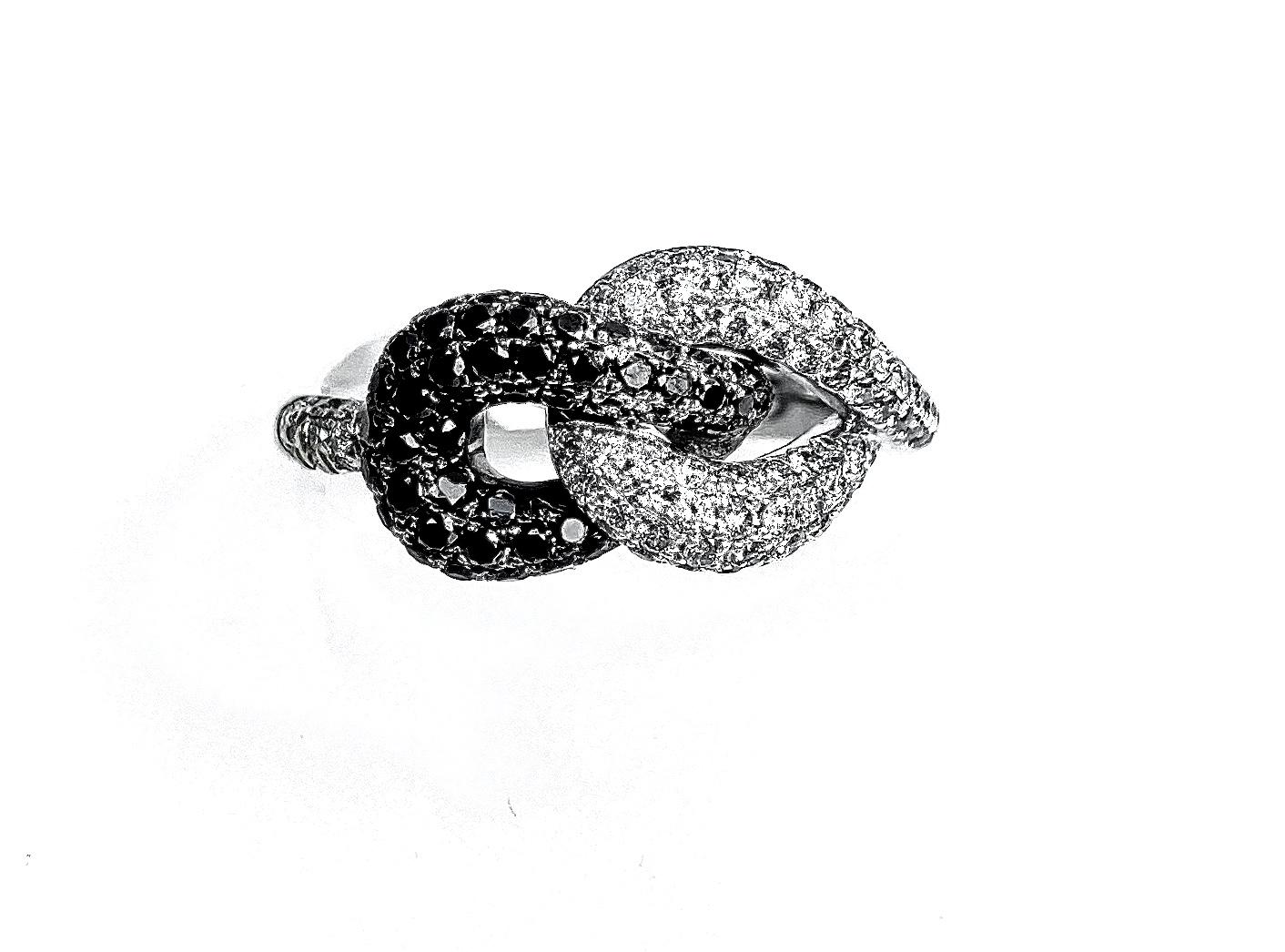 Contemporary Black and White Diamond Knot Ring For Sale