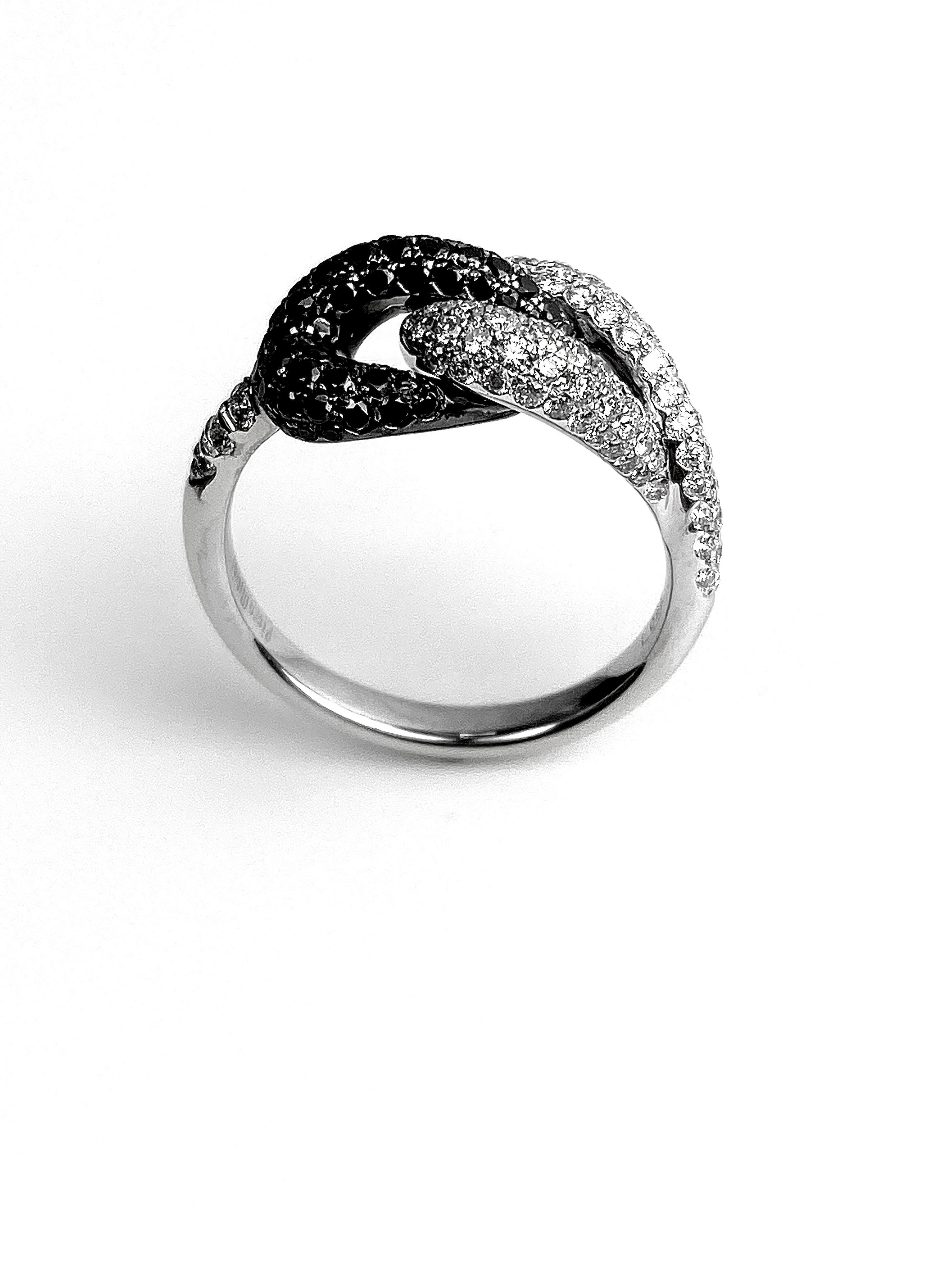 Round Cut Black and White Diamond Knot Ring For Sale