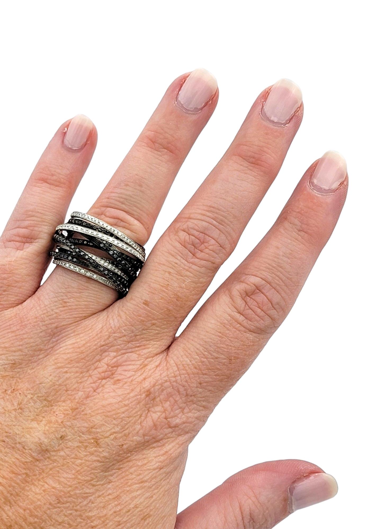 Black and White Diamond Multi-Row Layered Band Ring Set in 14 Karat White Gold For Sale 4