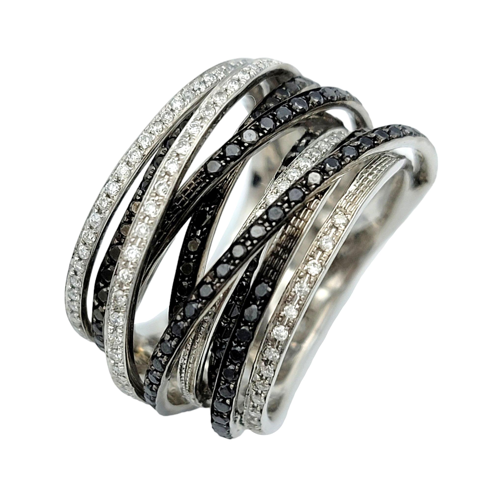 Contemporary Black and White Diamond Multi-Row Layered Band Ring Set in 14 Karat White Gold For Sale