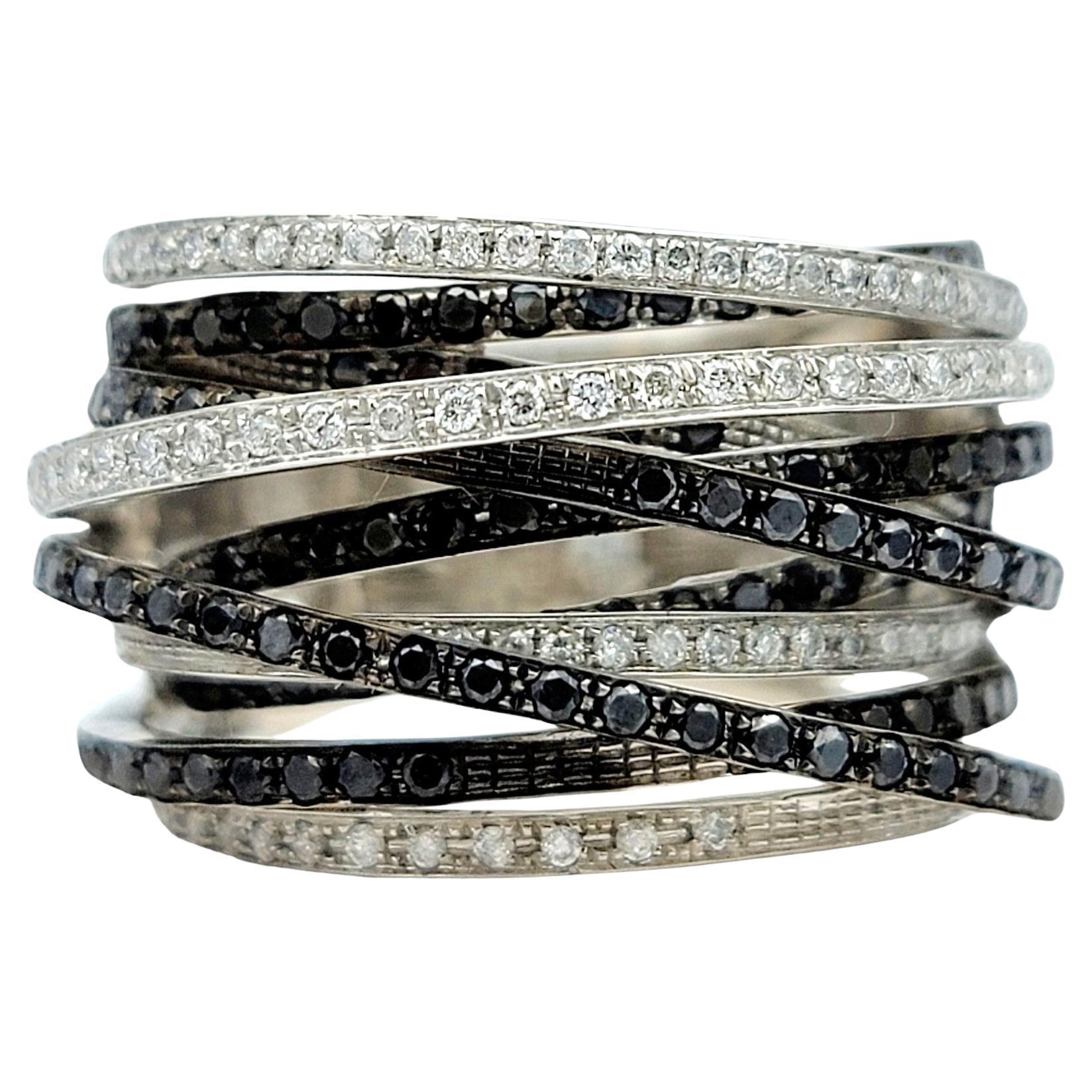 Round Cut Black and White Diamond Multi-Row Layered Band Ring Set in 14 Karat White Gold For Sale