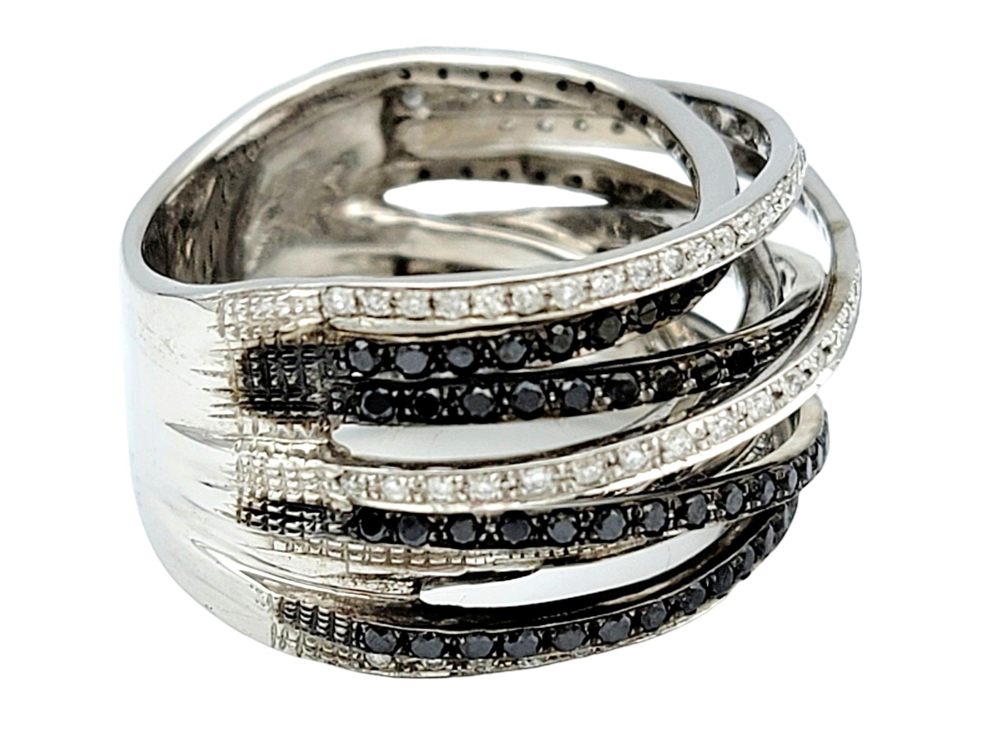 Black and White Diamond Multi-Row Layered Band Ring Set in 14 Karat White Gold In Good Condition For Sale In Scottsdale, AZ