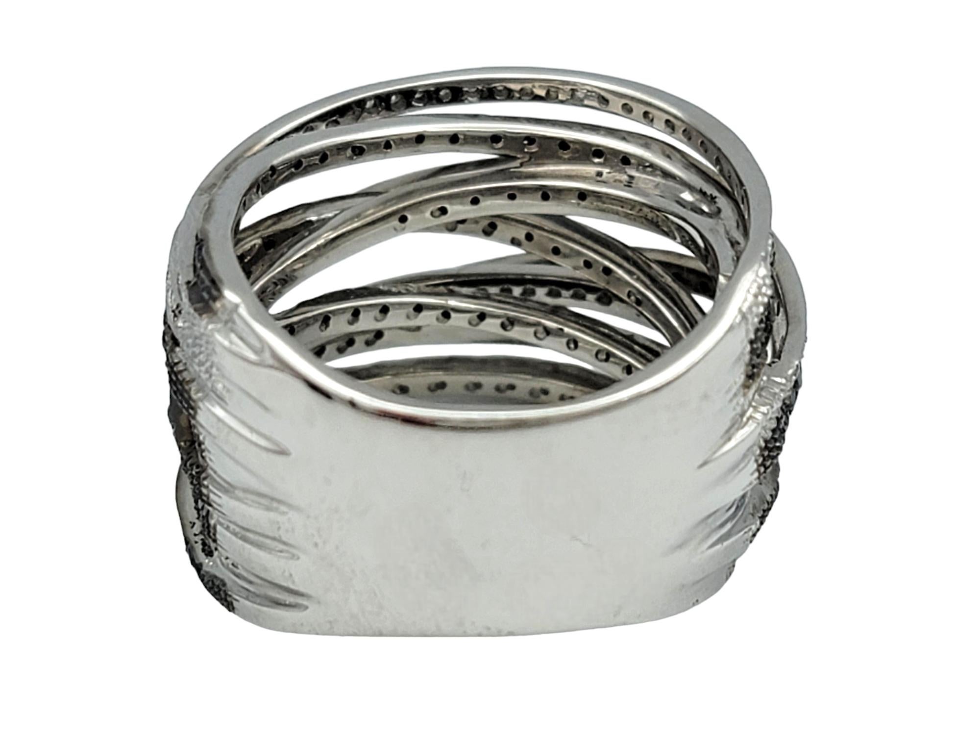 Women's Black and White Diamond Multi-Row Layered Band Ring Set in 14 Karat White Gold For Sale