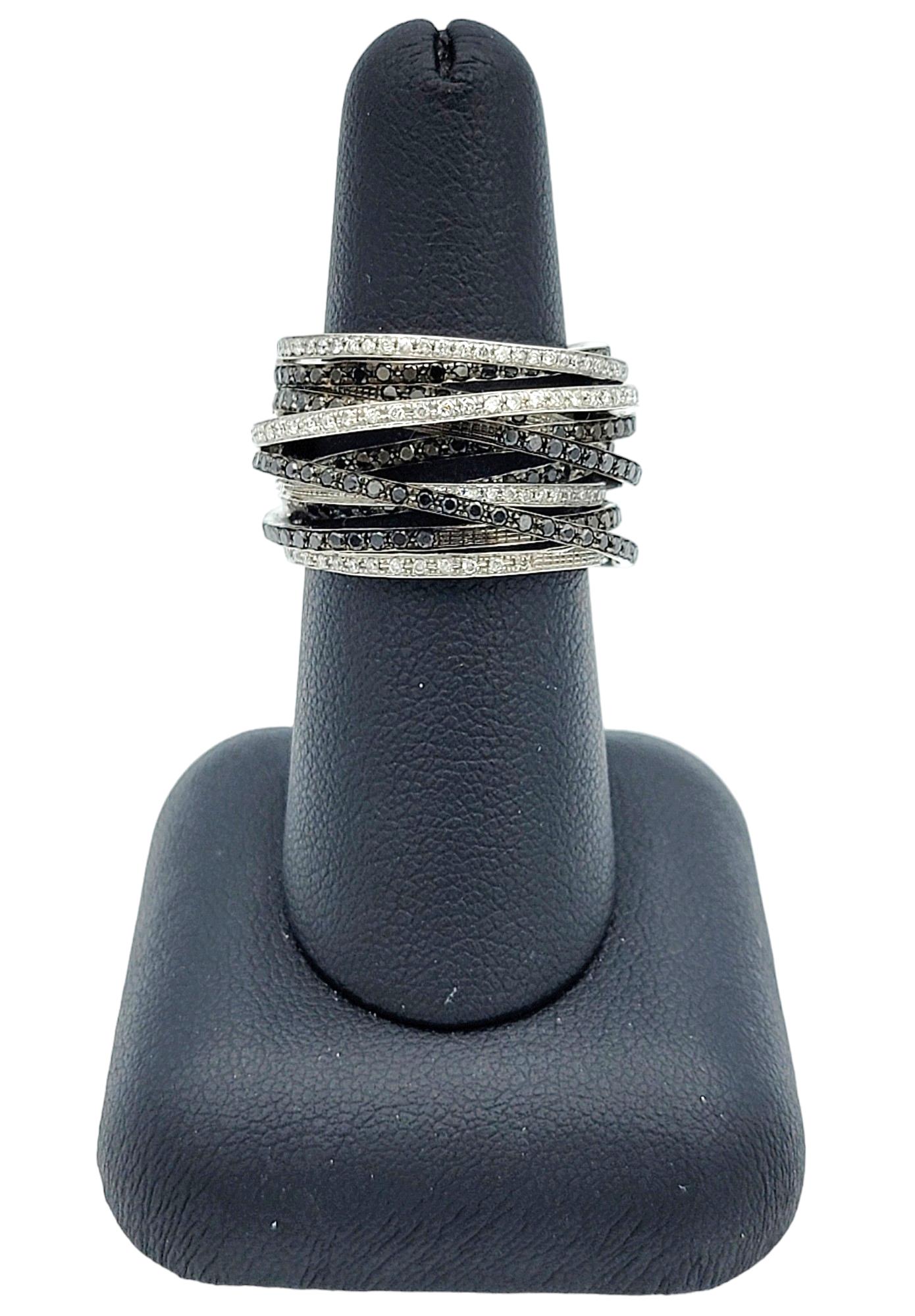 Black and White Diamond Multi-Row Layered Band Ring Set in 14 Karat White Gold For Sale 1