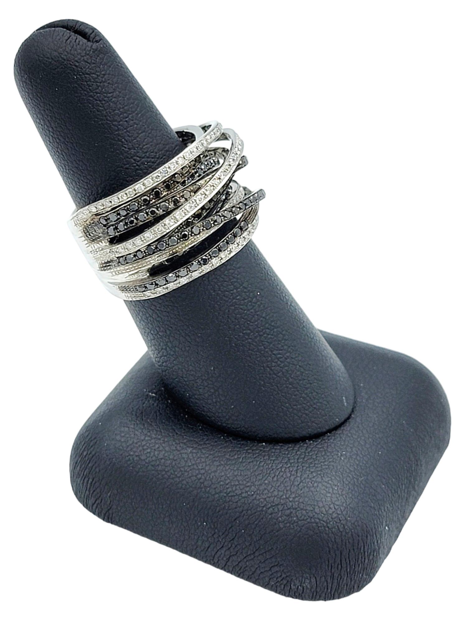 Black and White Diamond Multi-Row Layered Band Ring Set in 14 Karat White Gold For Sale 2