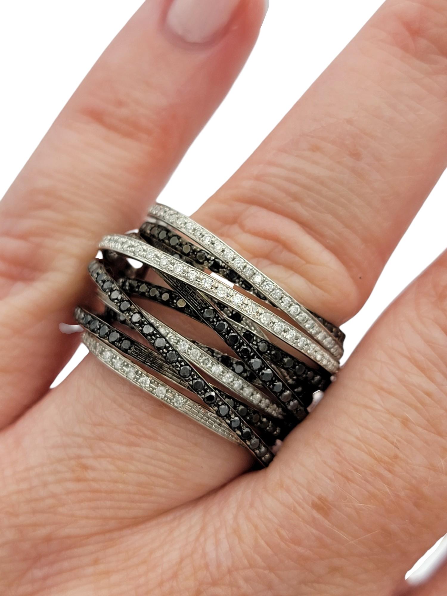 Black and White Diamond Multi-Row Layered Band Ring Set in 14 Karat White Gold For Sale 3