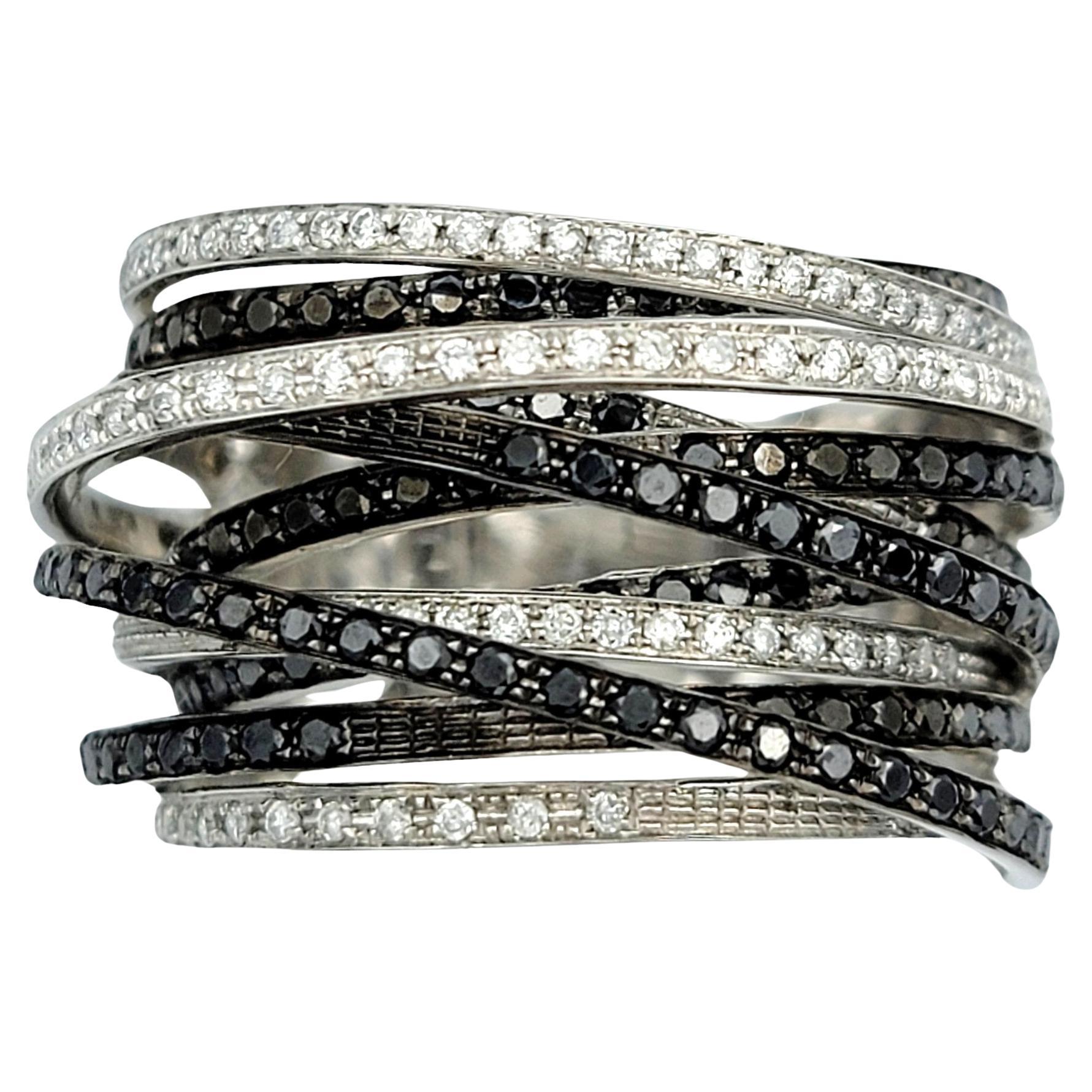 Black and White Diamond Multi-Row Layered Band Ring Set in 14 Karat White Gold