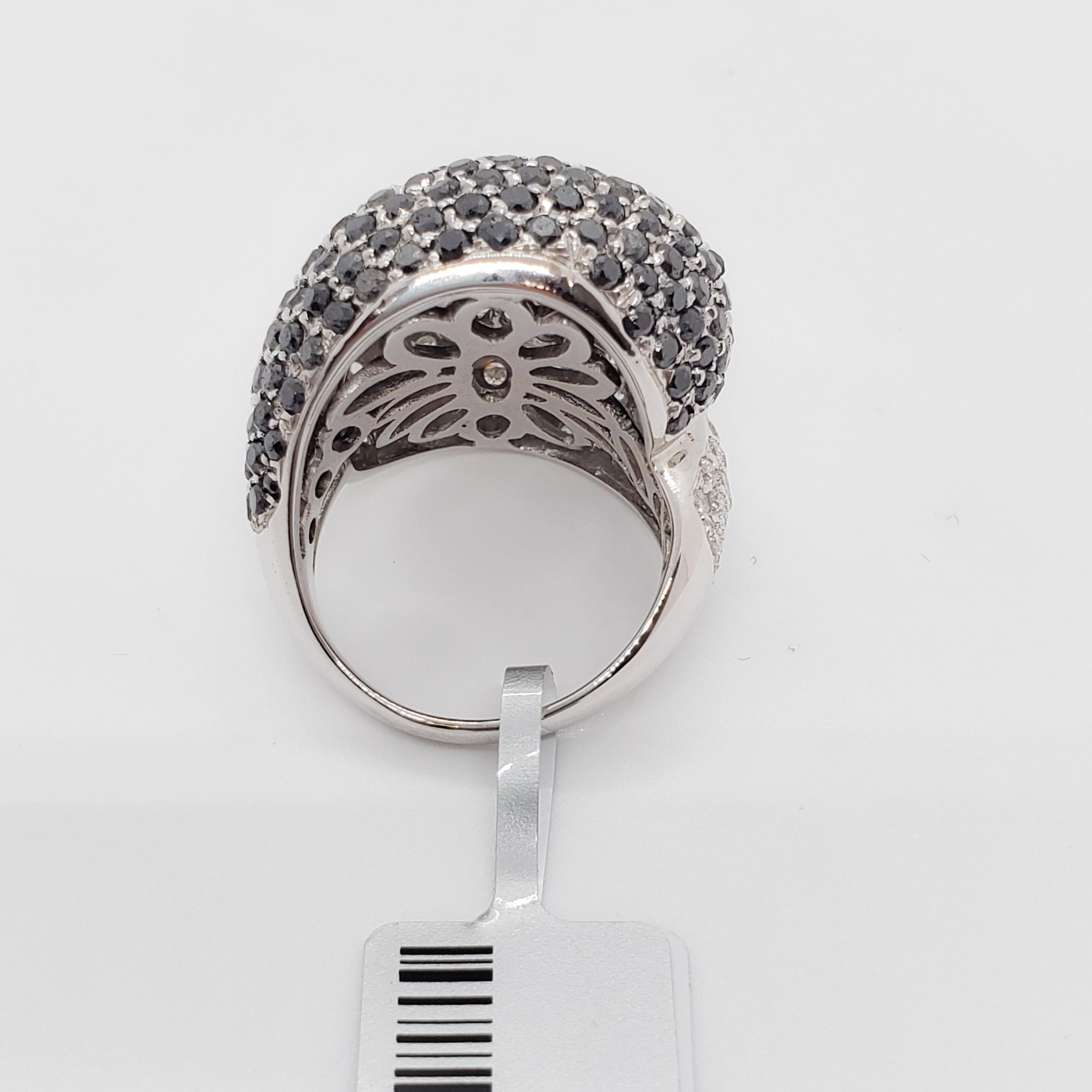 Women's or Men's Black and White Diamond Pave Bypass Ring in 18 Karat White Gold